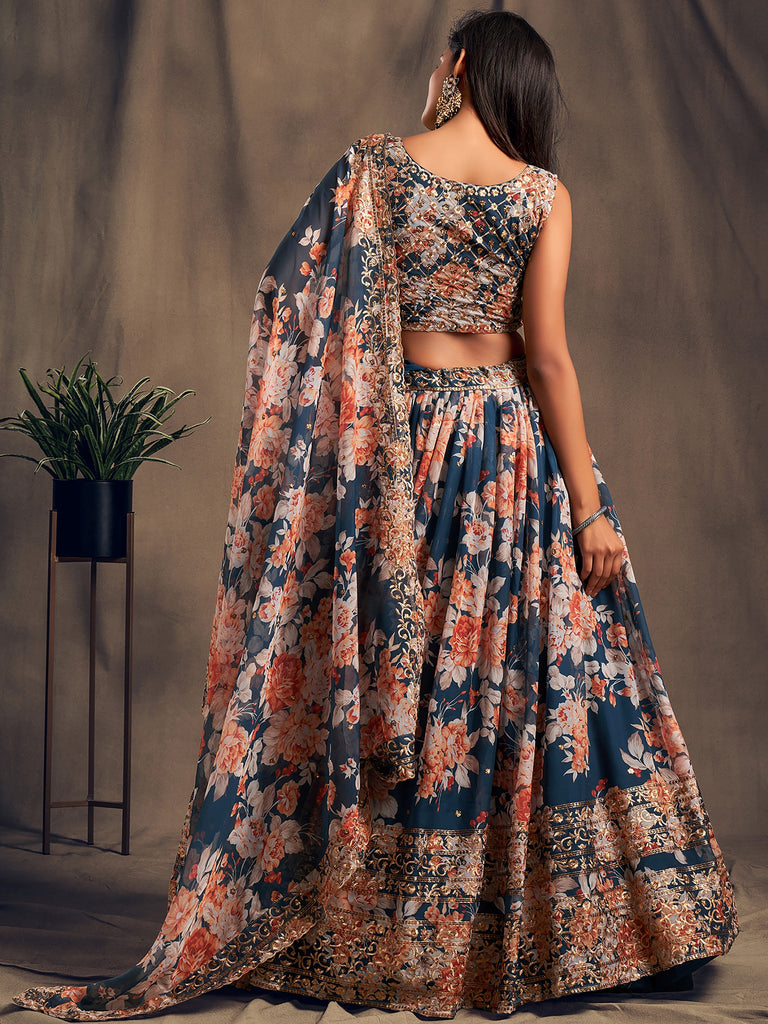 Incredible Blue Printed Organza Wedding Wear Plus Size Lehenga Choli