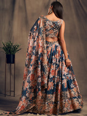 Incredible Blue Printed Organza Wedding Wear Plus Size Lehenga Choli