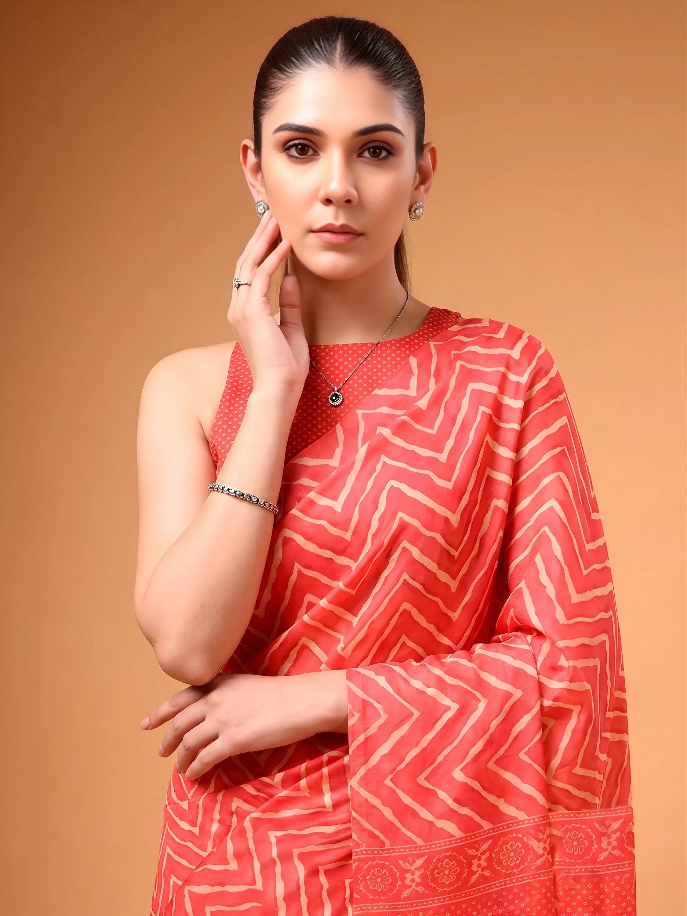 Likeable Coral Red Zig-Zag Printed Satin Wedding Wear Saree With Blouse