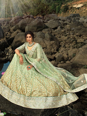 Adorable Green Sequins Net Function Wear Plus Size Lehenga Choli