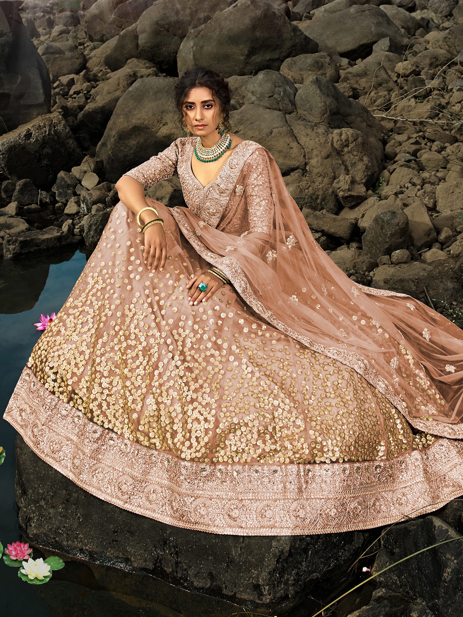 Fabulous Brown Sequins Net Wedding Wear Plus Size Lehenga Choli