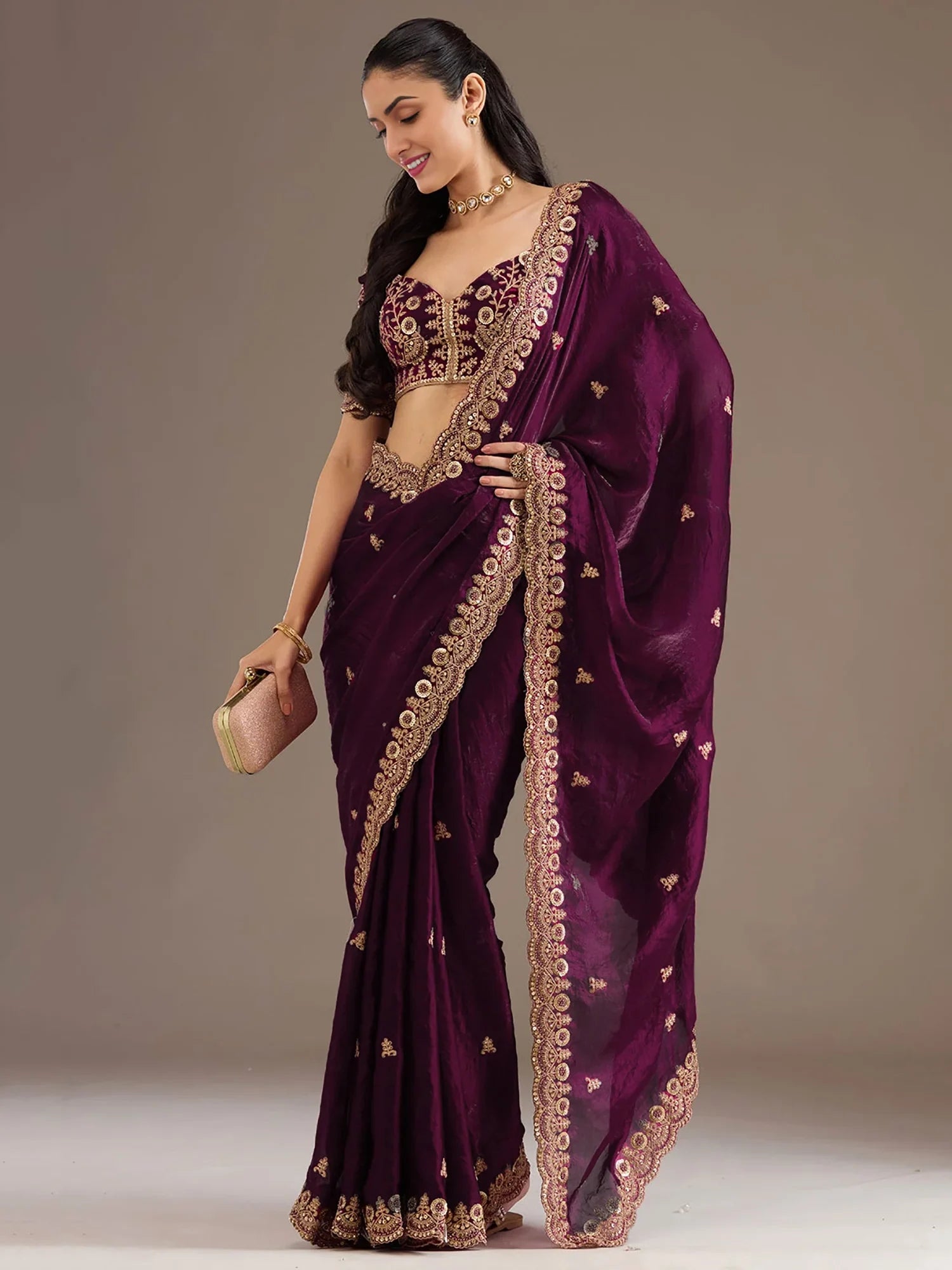 Stunning Wine Embroidered Silk Reception Wear Saree With Blouse