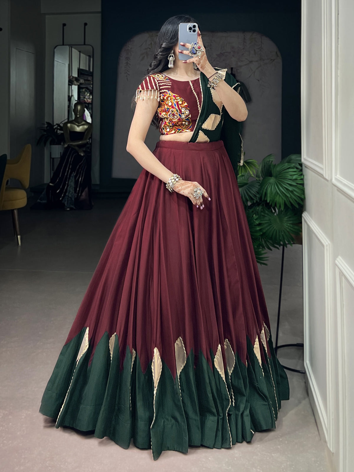 Royal Maroon Patch Work Chinon Navratri Wear Lehenga Choli With Dupatta