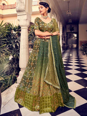 Stunning Green Thread Embroidered  Silk Wedding Wear Lehenga Choli