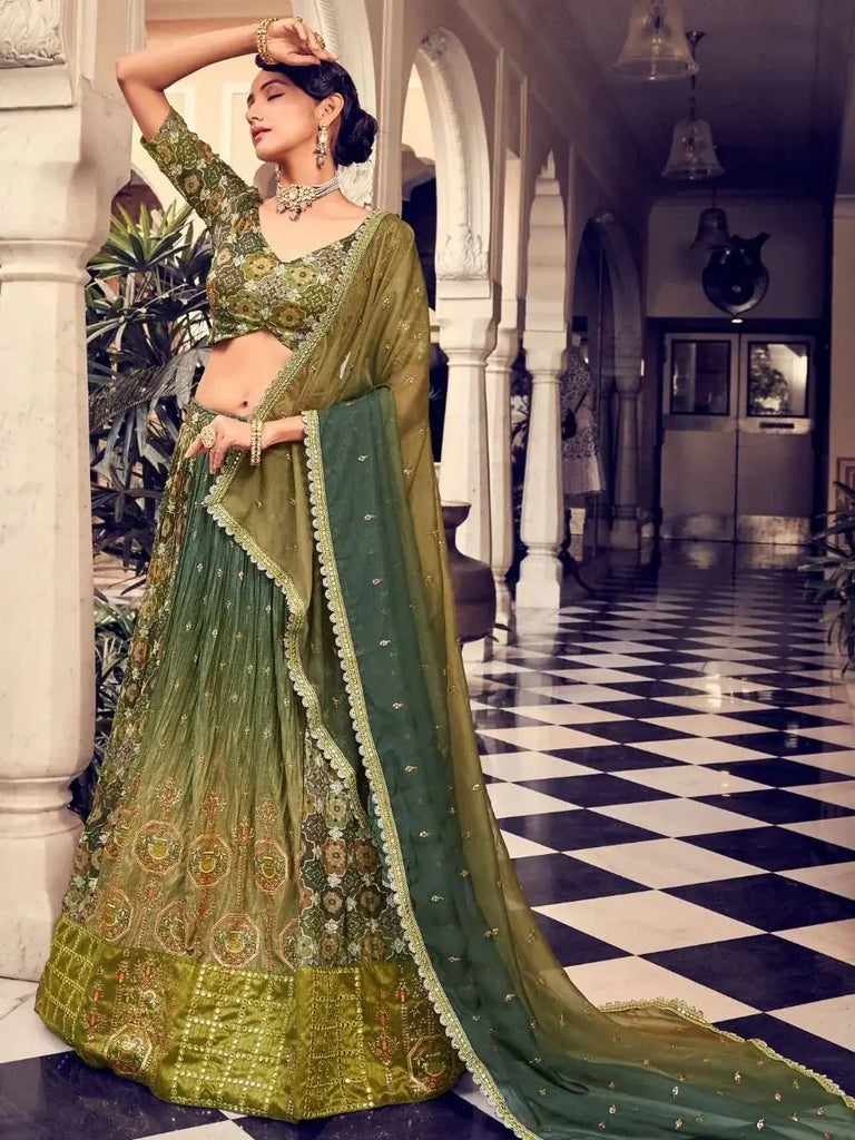 Stunning Green Thread Embroidered  Silk Wedding Wear Lehenga Choli