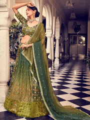 Stunning Green Thread Embroidered  Silk Wedding Wear Lehenga Choli