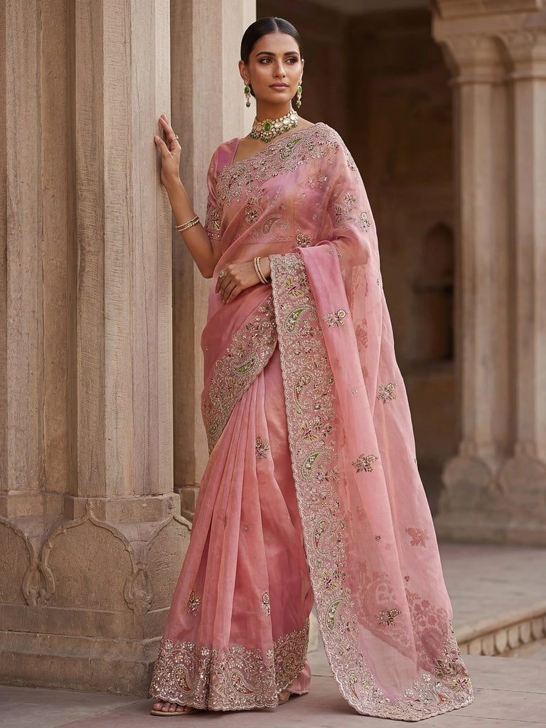 Pretty Pink Patch Embroidery Silk Engagement Wear Saree With Blouse