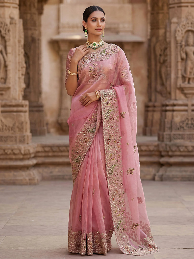 Pretty Pink Patch Embroidery Silk Engagement Wear Saree With Blouse
