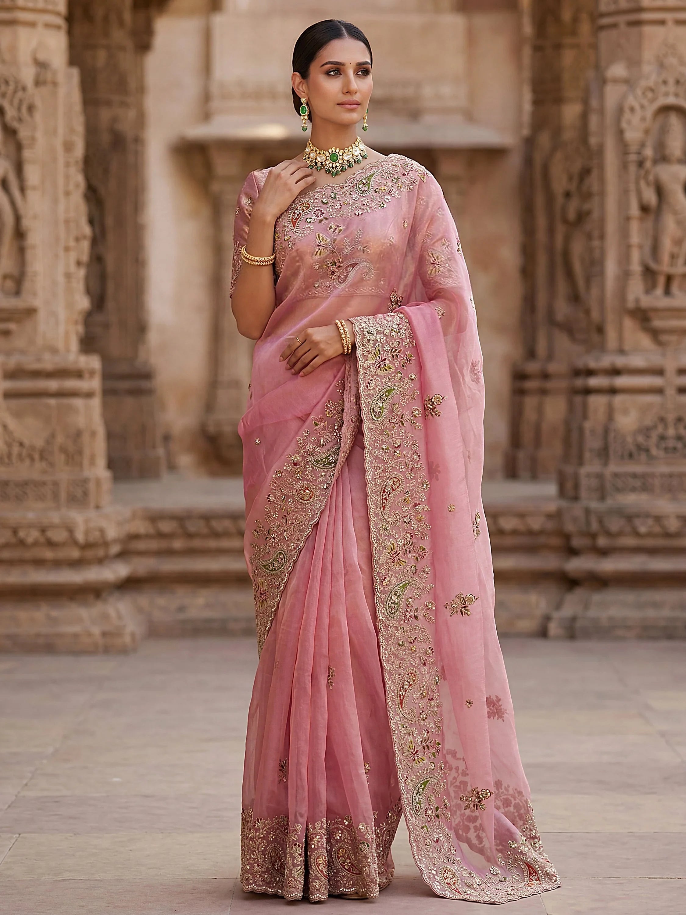Pretty Pink Patch Embroidery Silk Engagement Wear Saree With Blouse