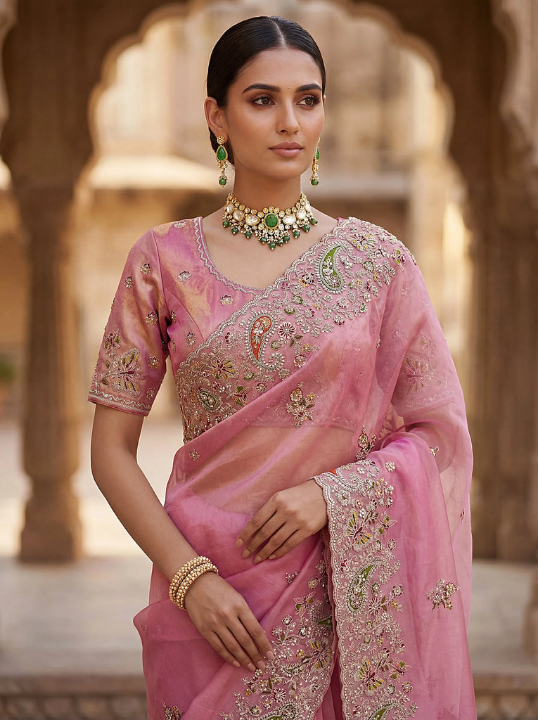 Pretty Pink Patch Embroidery Silk Engagement Wear Saree With Blouse