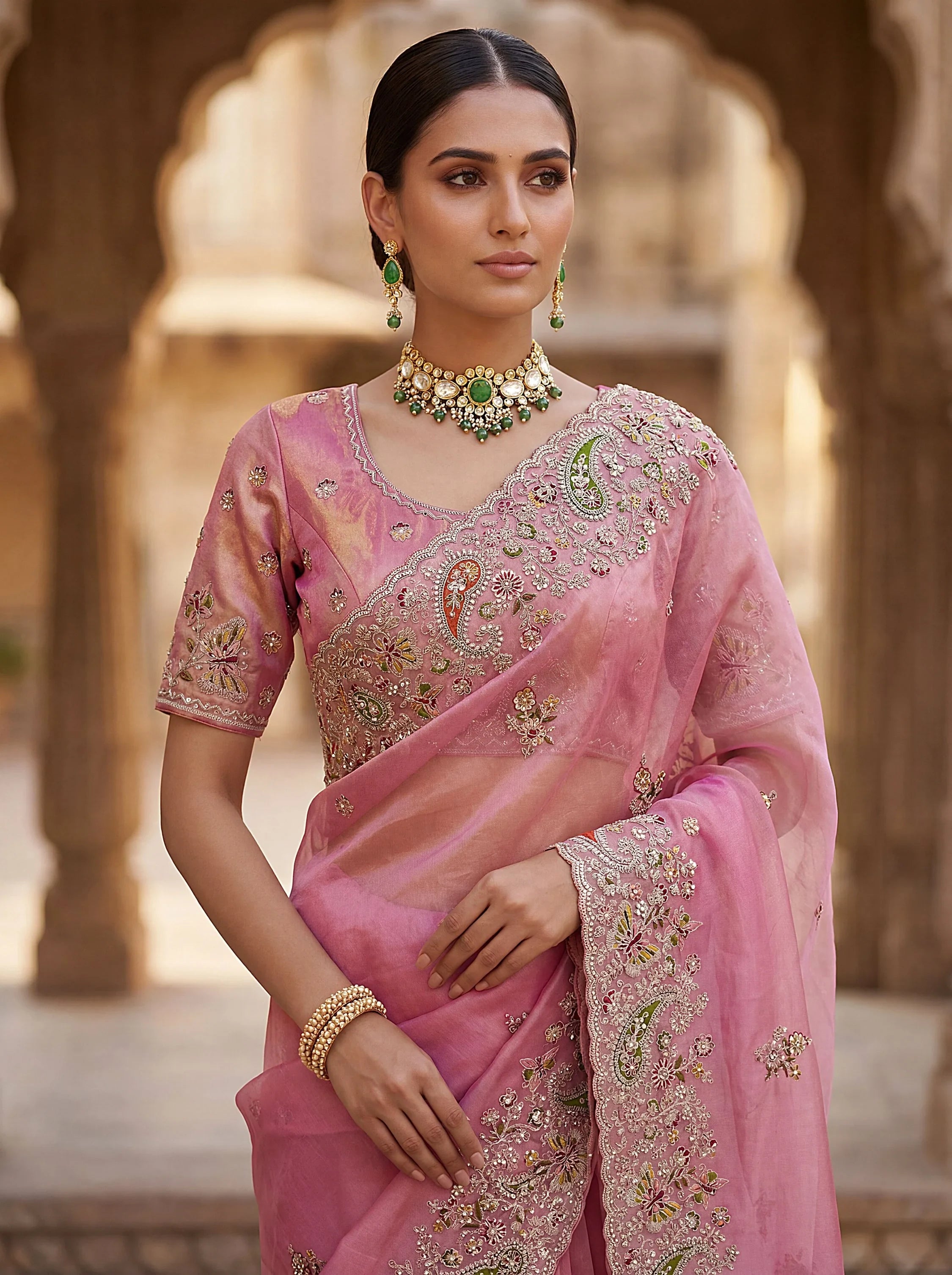 Pretty Pink Patch Embroidery Silk Engagement Wear Saree With Blouse