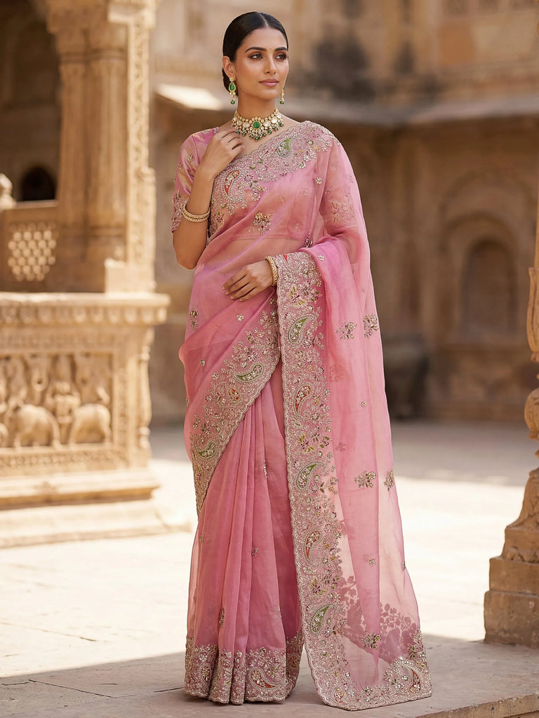 Pretty Pink Patch Embroidery Silk Engagement Wear Saree With Blouse