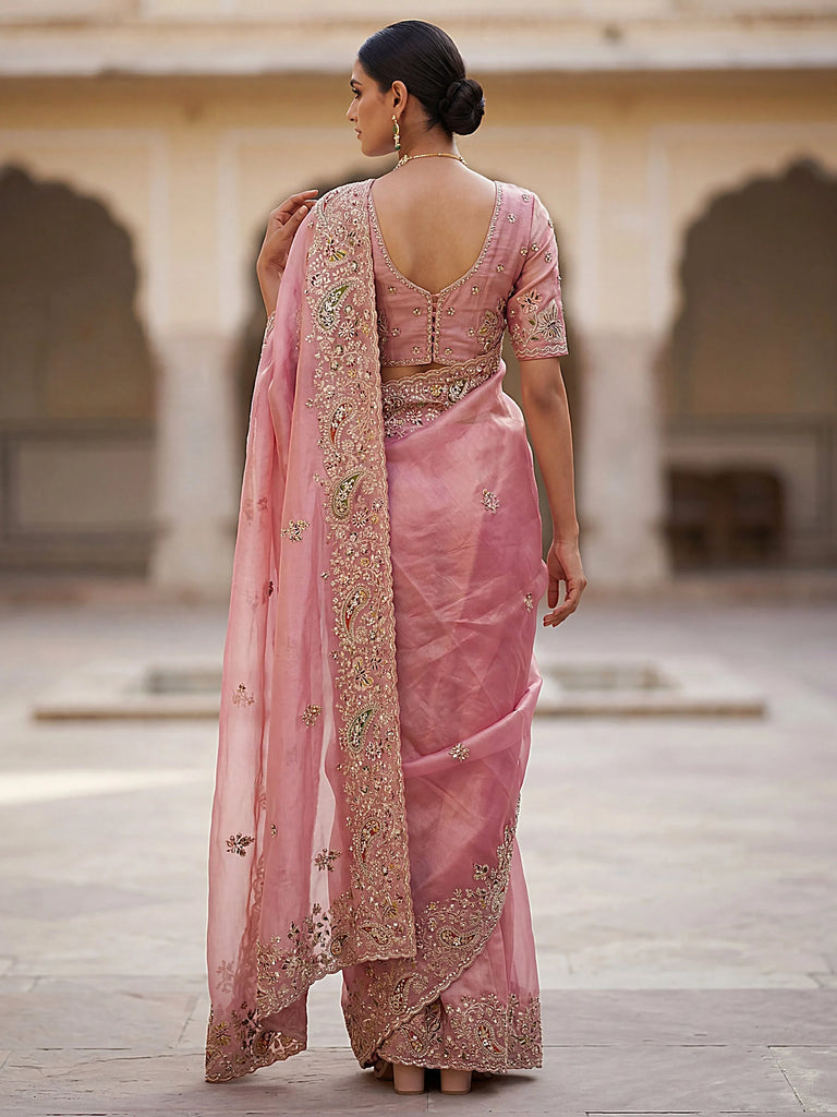 Pretty Pink Patch Embroidery Silk Engagement Wear Saree With Blouse