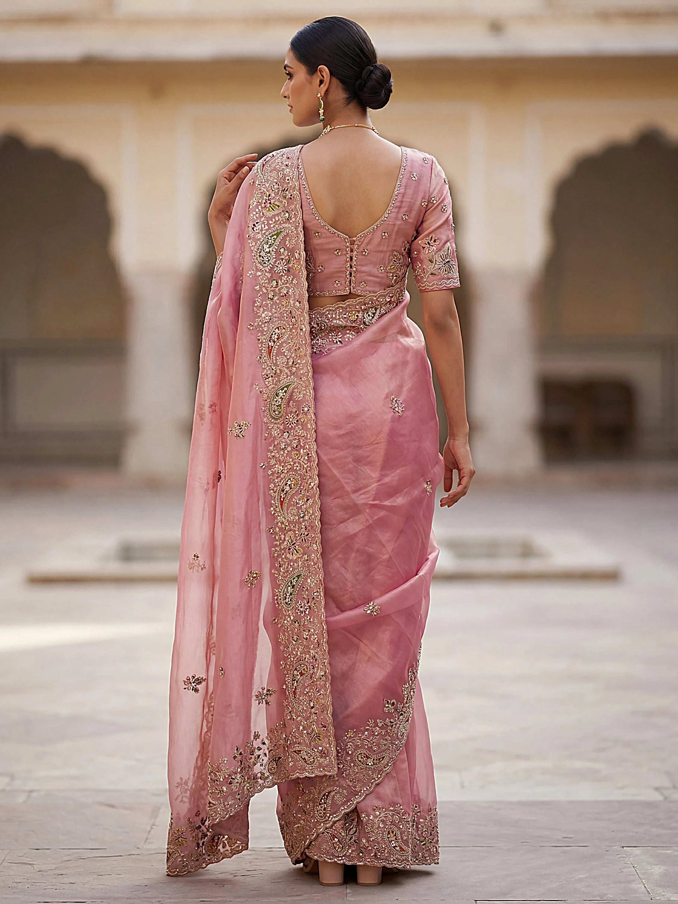 Pretty Pink Patch Embroidery Silk Engagement Wear Saree With Blouse