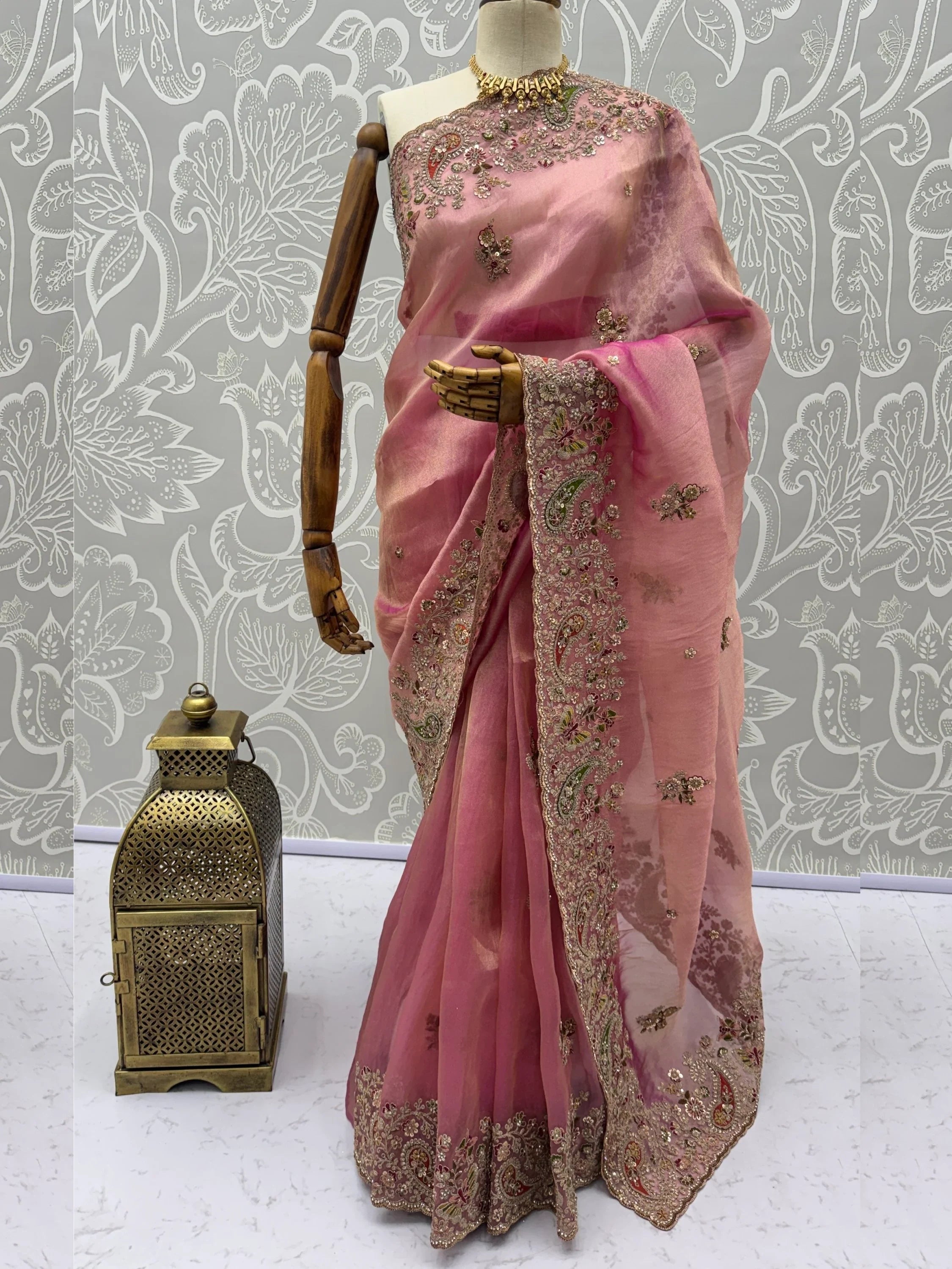Pretty Pink Patch Embroidery Silk Engagement Wear Saree With Blouse