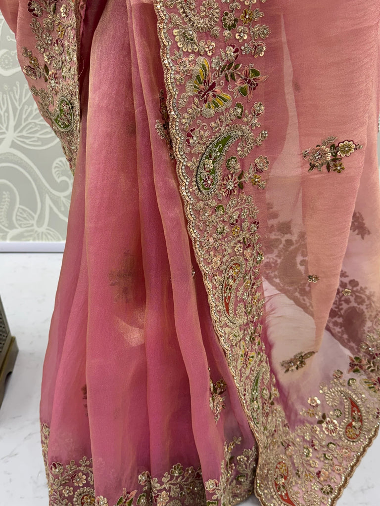 Pretty Pink Patch Embroidery Silk Engagement Wear Saree With Blouse