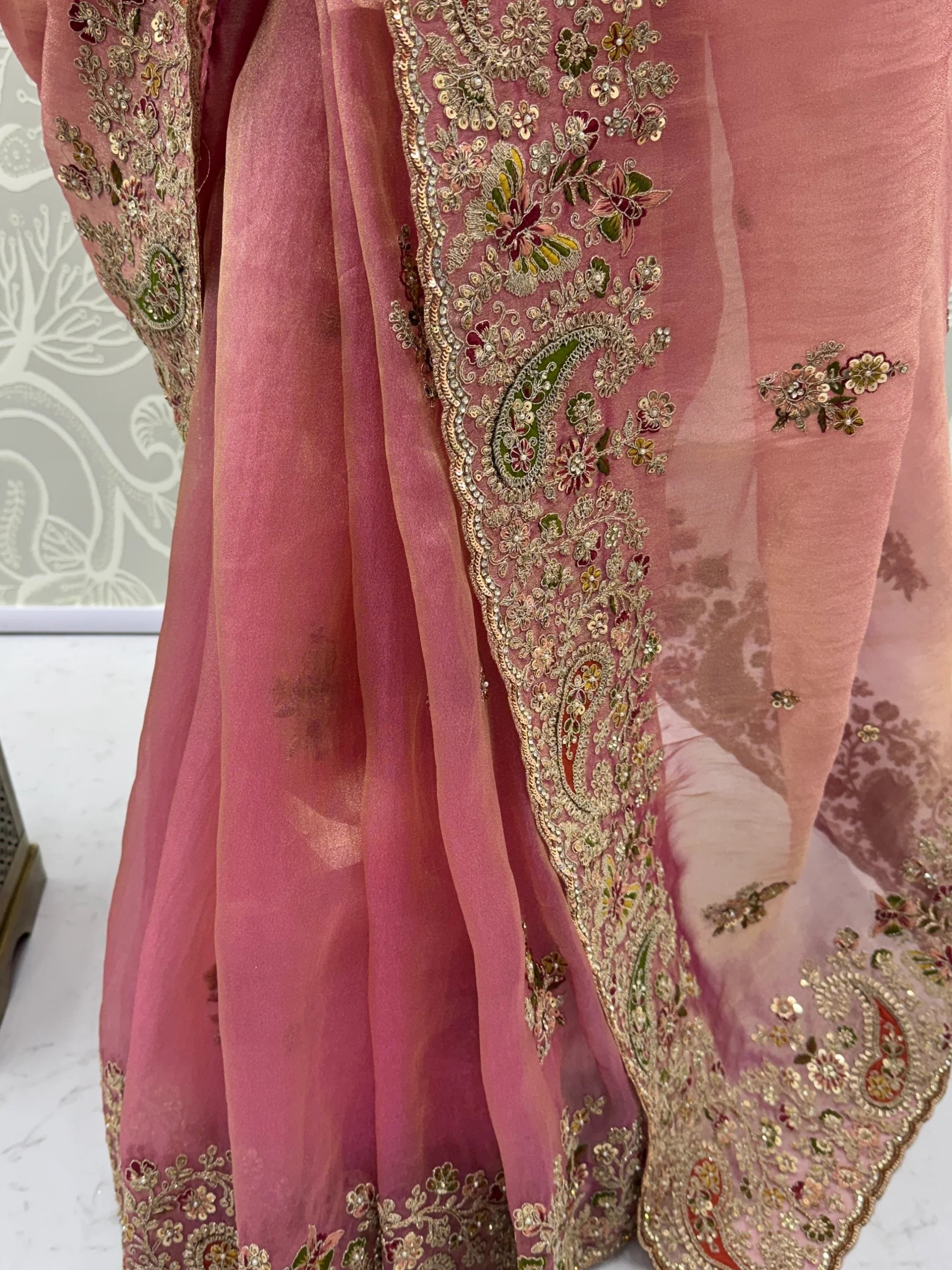 Pretty Pink Patch Embroidery Silk Engagement Wear Saree With Blouse