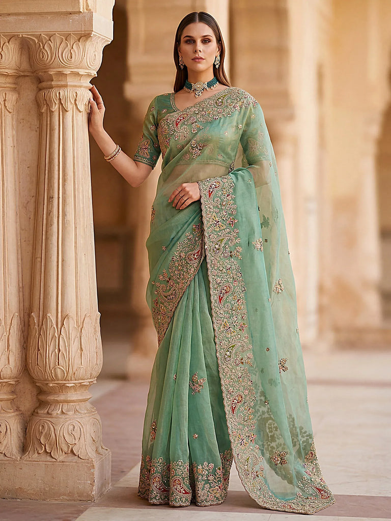 Fantastic Pista Green Dori Embroidered Silk Evening Wear Saree With Blouse