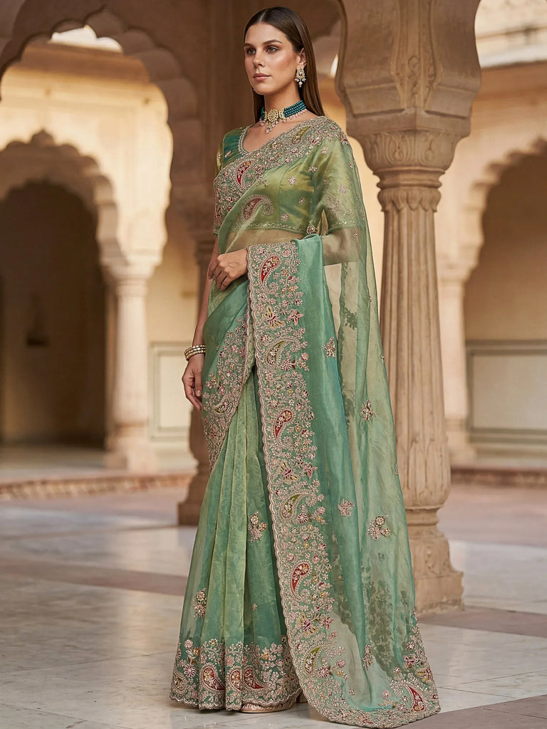 Fantastic Pista Green Dori Embroidered Silk Evening Wear Saree With Blouse