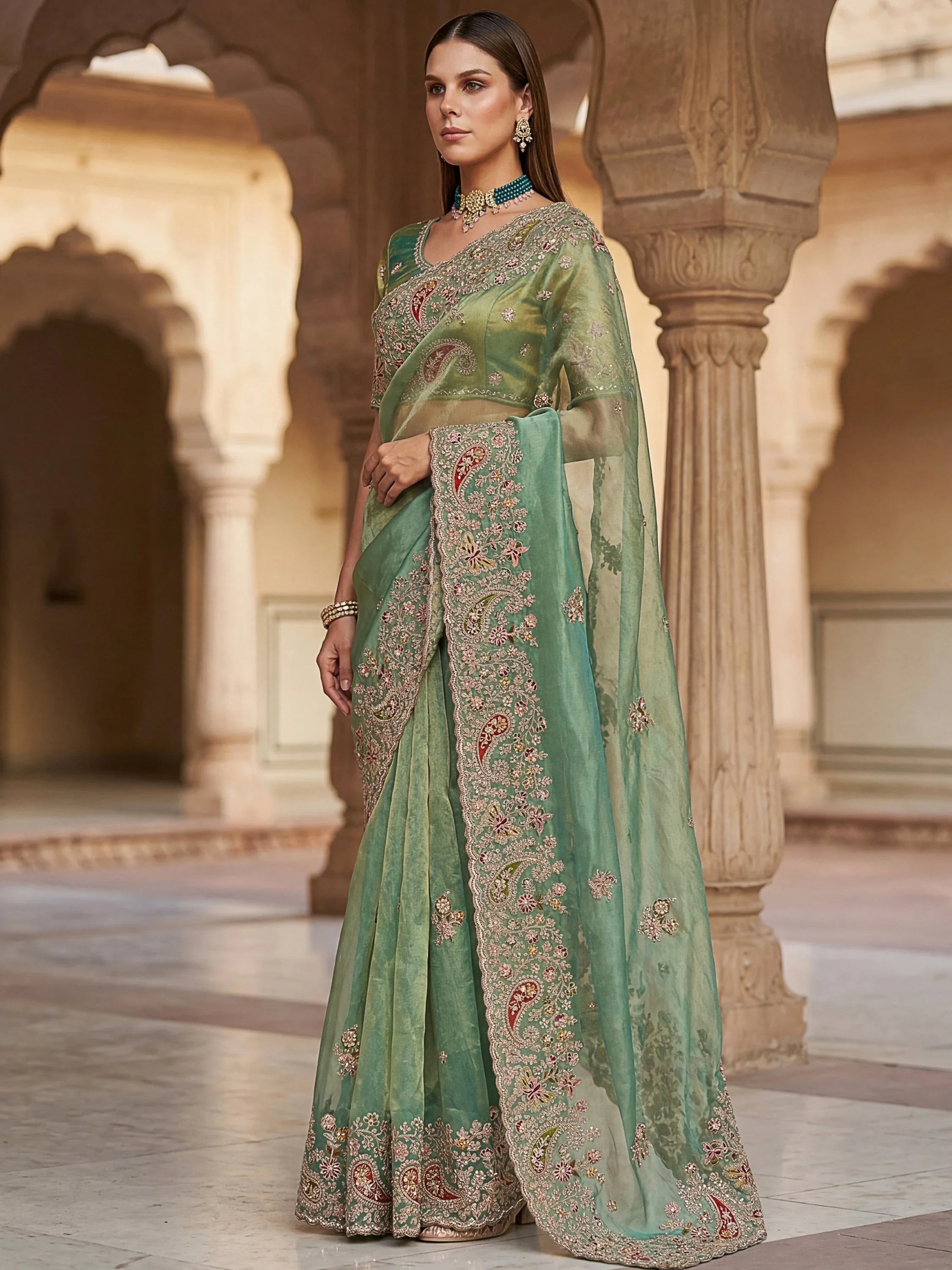 Fantastic Pista Green Dori Embroidered Silk Evening Wear Saree With Blouse