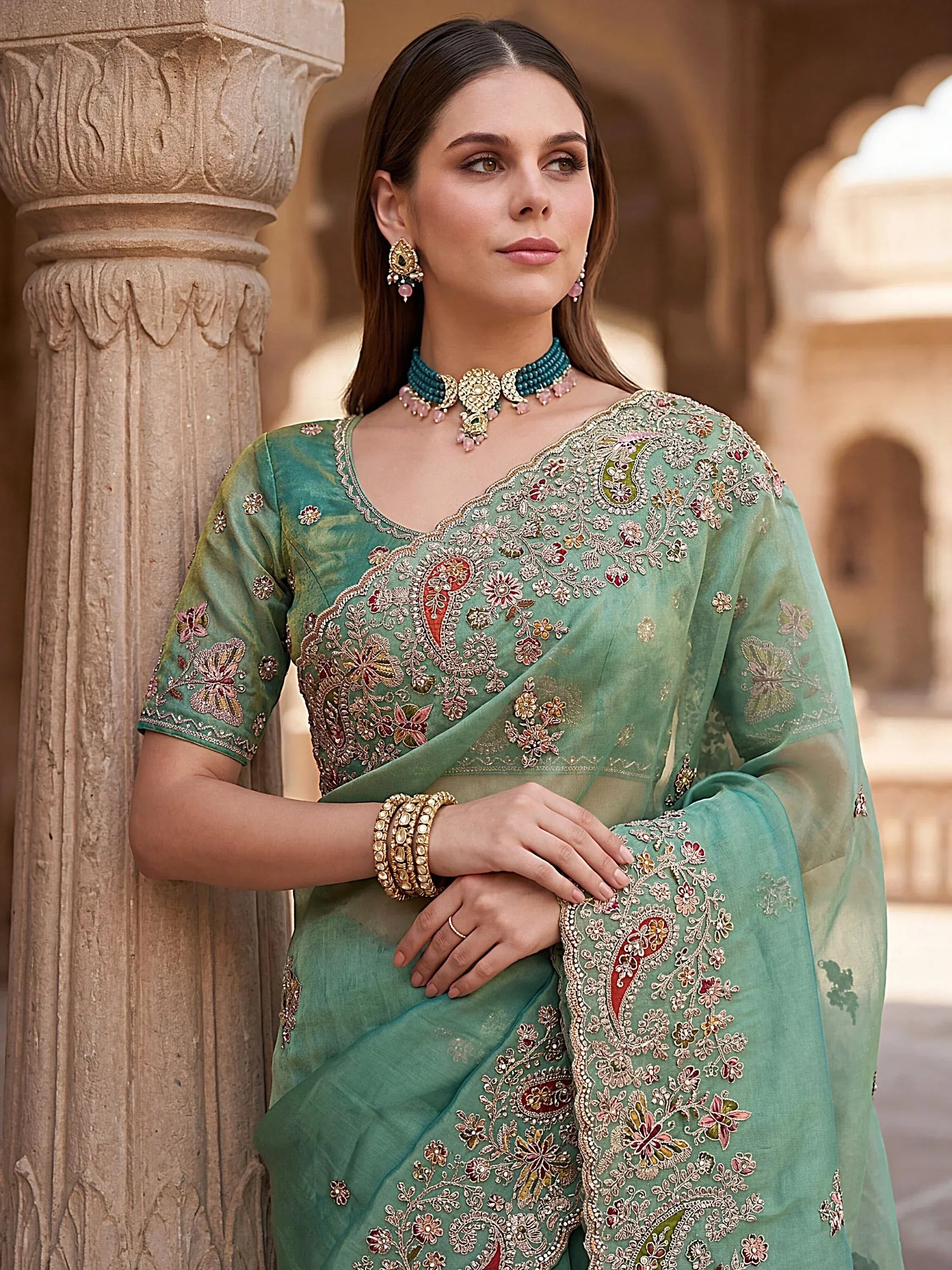 Fantastic Pista Green Dori Embroidered Silk Evening Wear Saree With Blouse