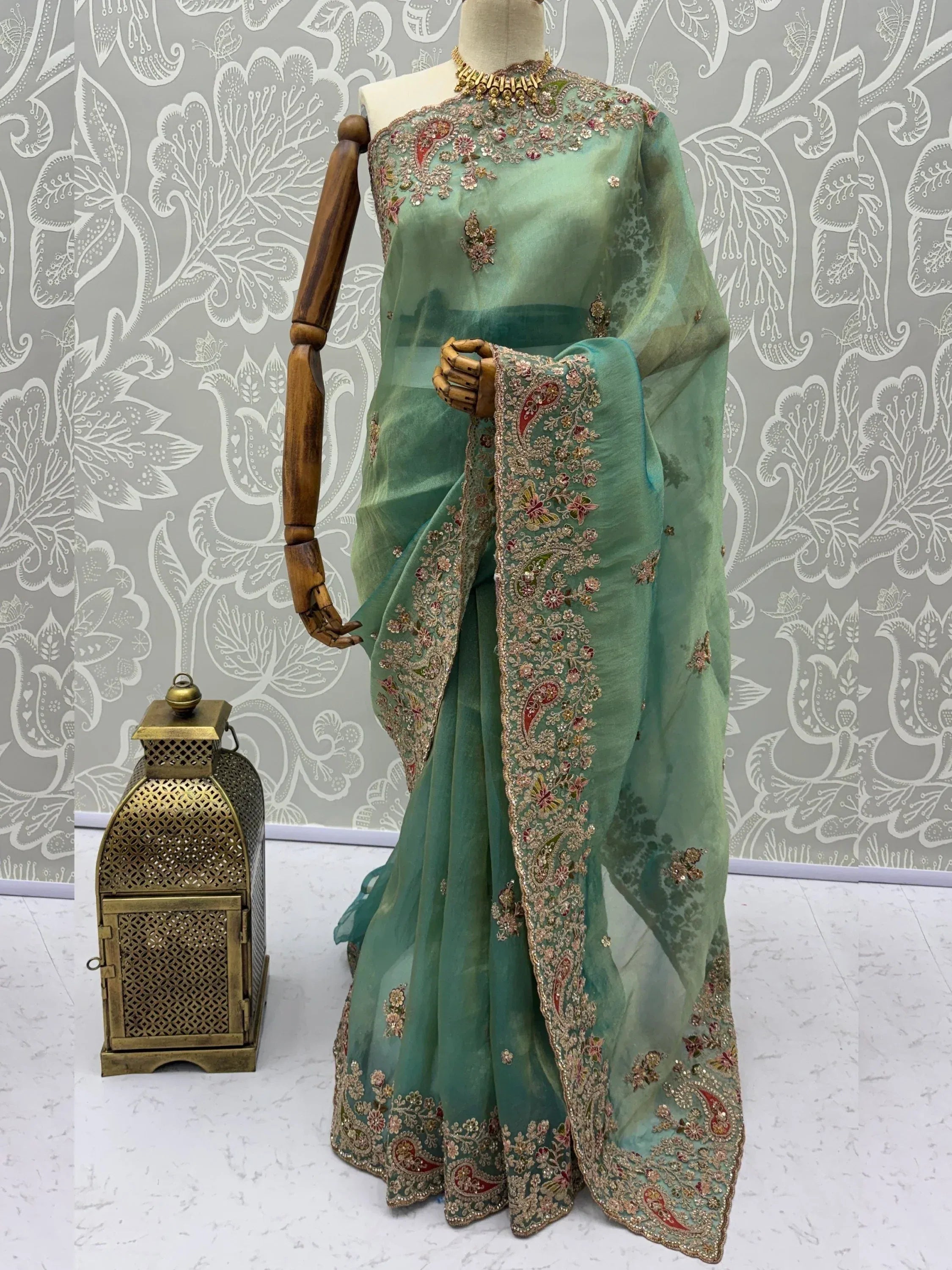 Fantastic Pista Green Dori Embroidered Silk Evening Wear Saree With Blouse