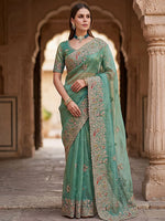 Fantastic Pista Green Dori Embroidered Silk Evening Wear Saree With Blouse