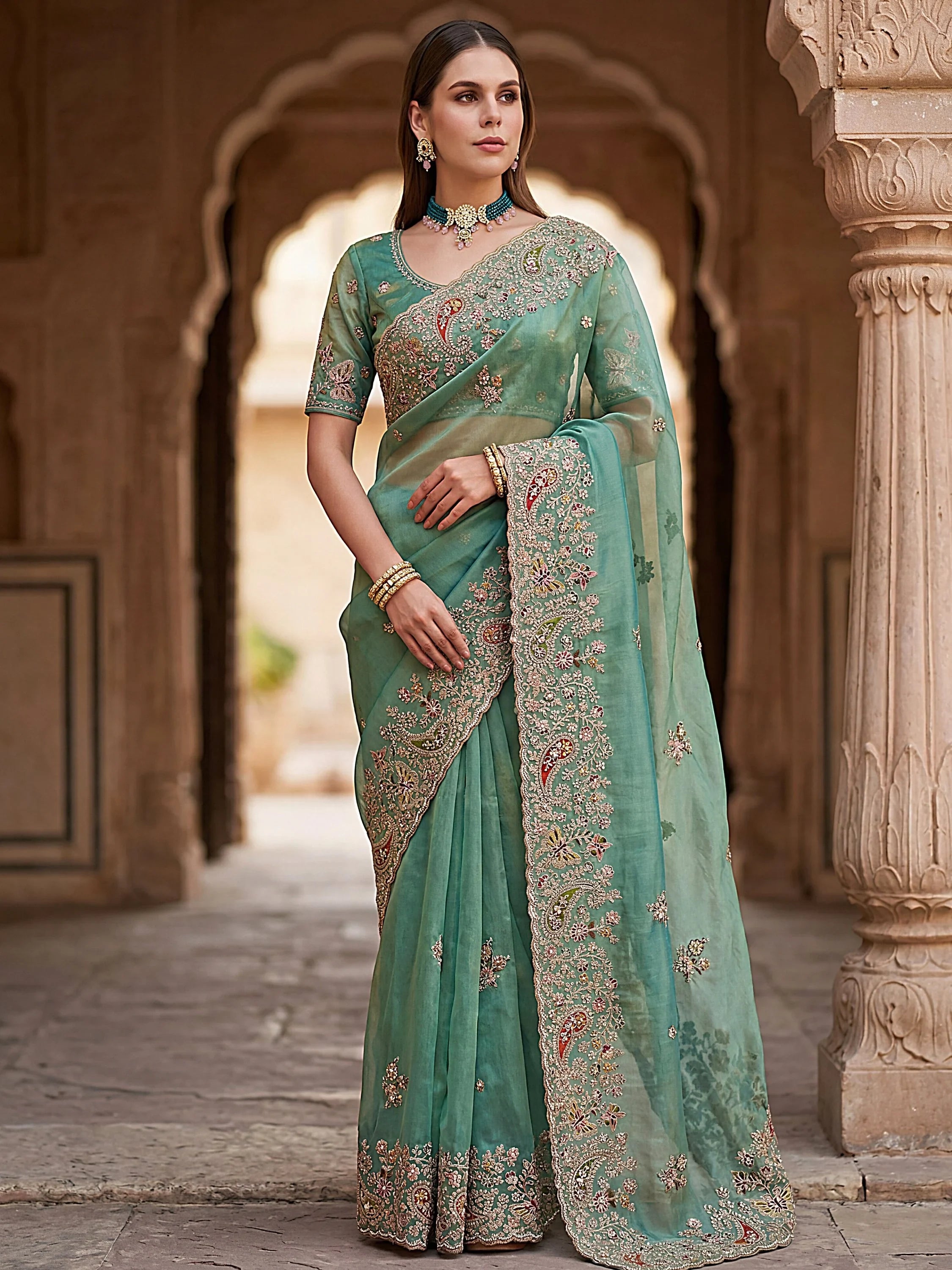 Fantastic Pista Green Dori Embroidered Silk Evening Wear Saree With Blouse