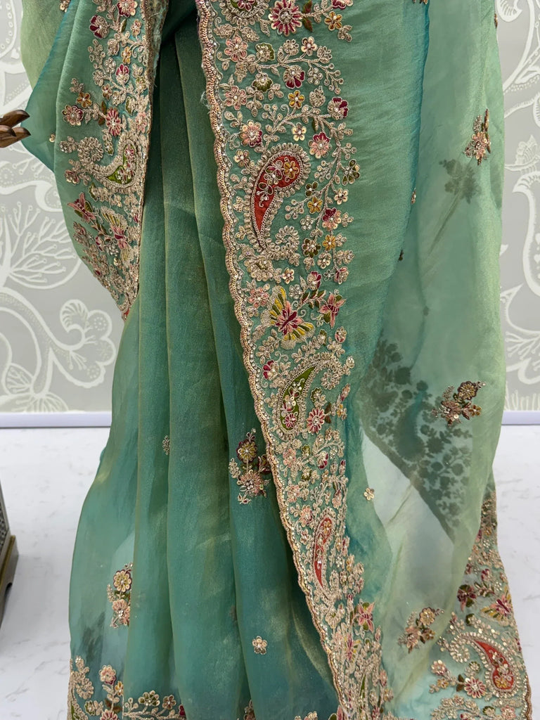 Fantastic Pista Green Dori Embroidered Silk Evening Wear Saree With Blouse