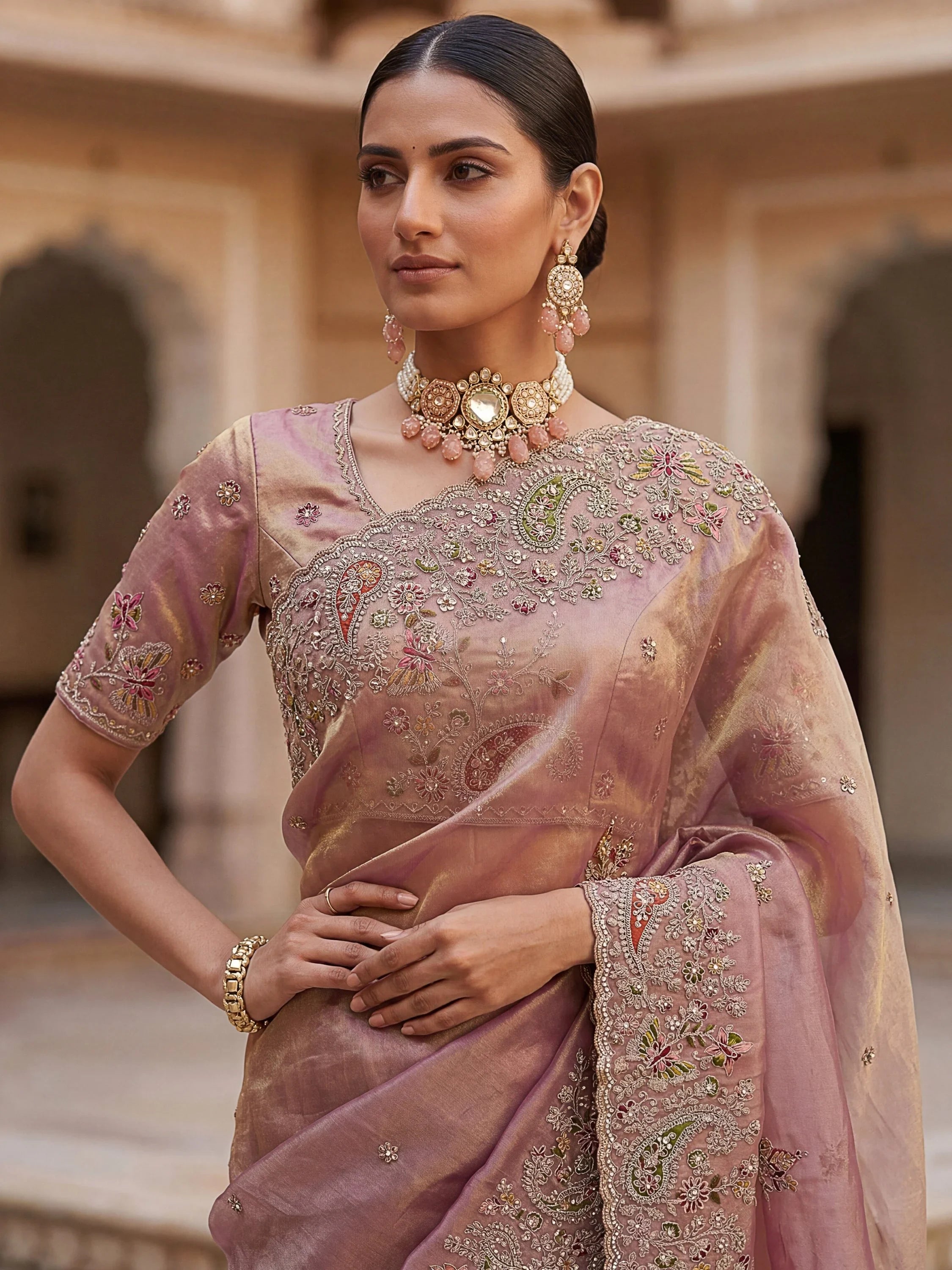 Attractive Peach Zircon Work Silk Reception Wear Saree With Blouse
