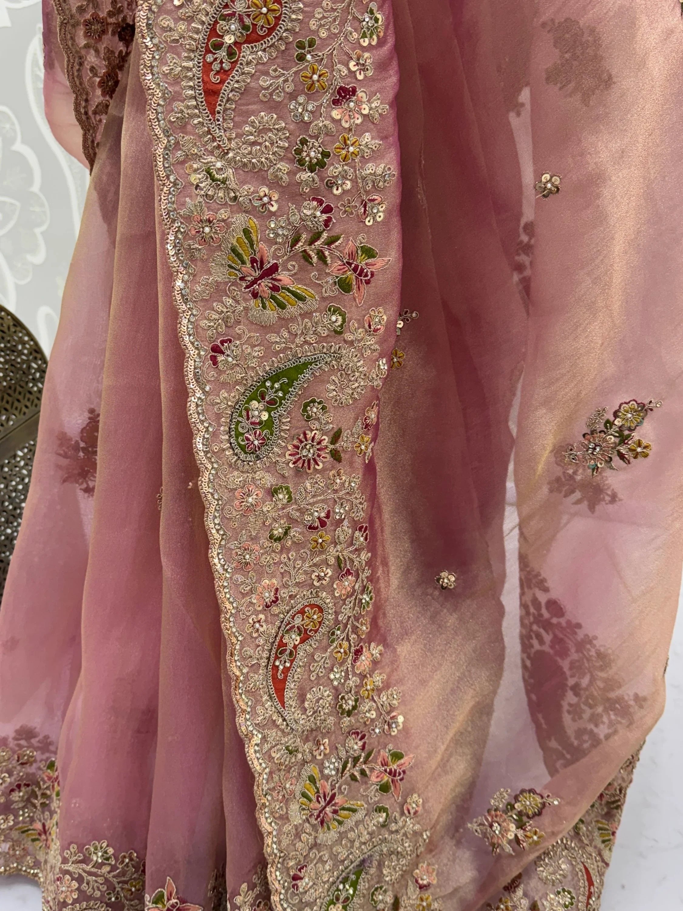 Attractive Peach Zircon Work Silk Reception Wear Saree With Blouse