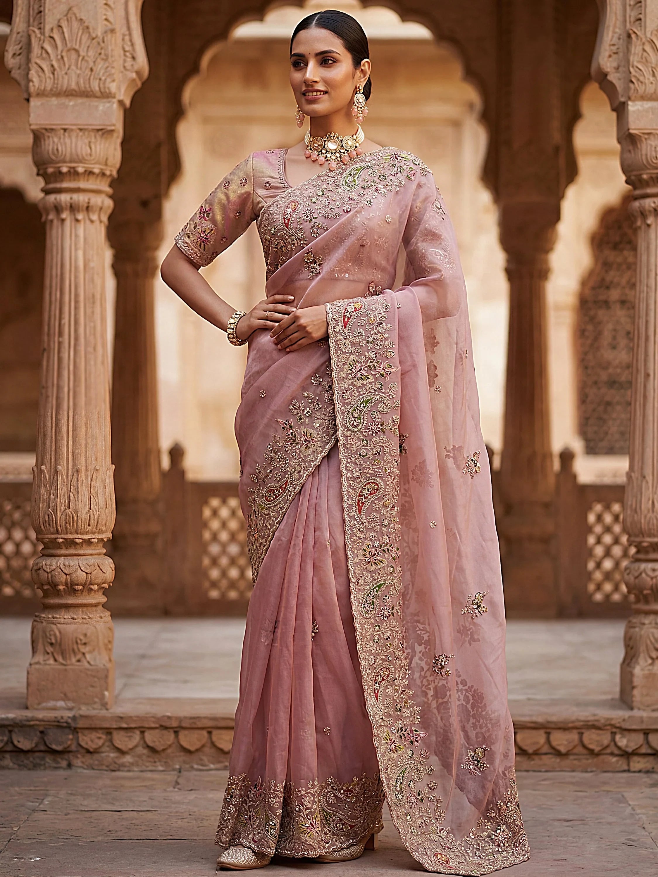 Attractive Peach Zircon Work Silk Reception Wear Saree With Blouse