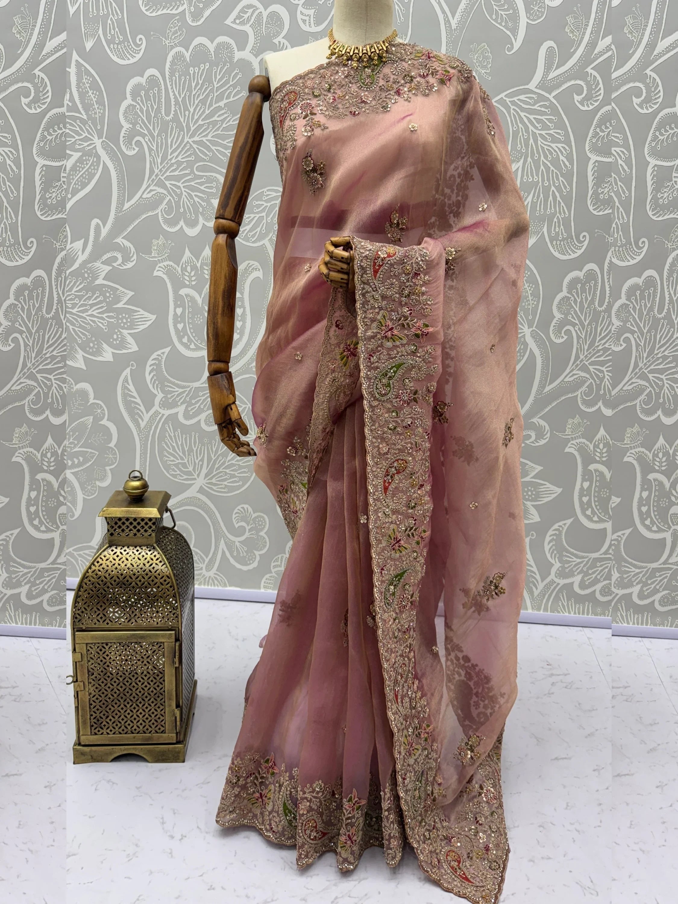 Attractive Peach Zircon Work Silk Reception Wear Saree With Blouse