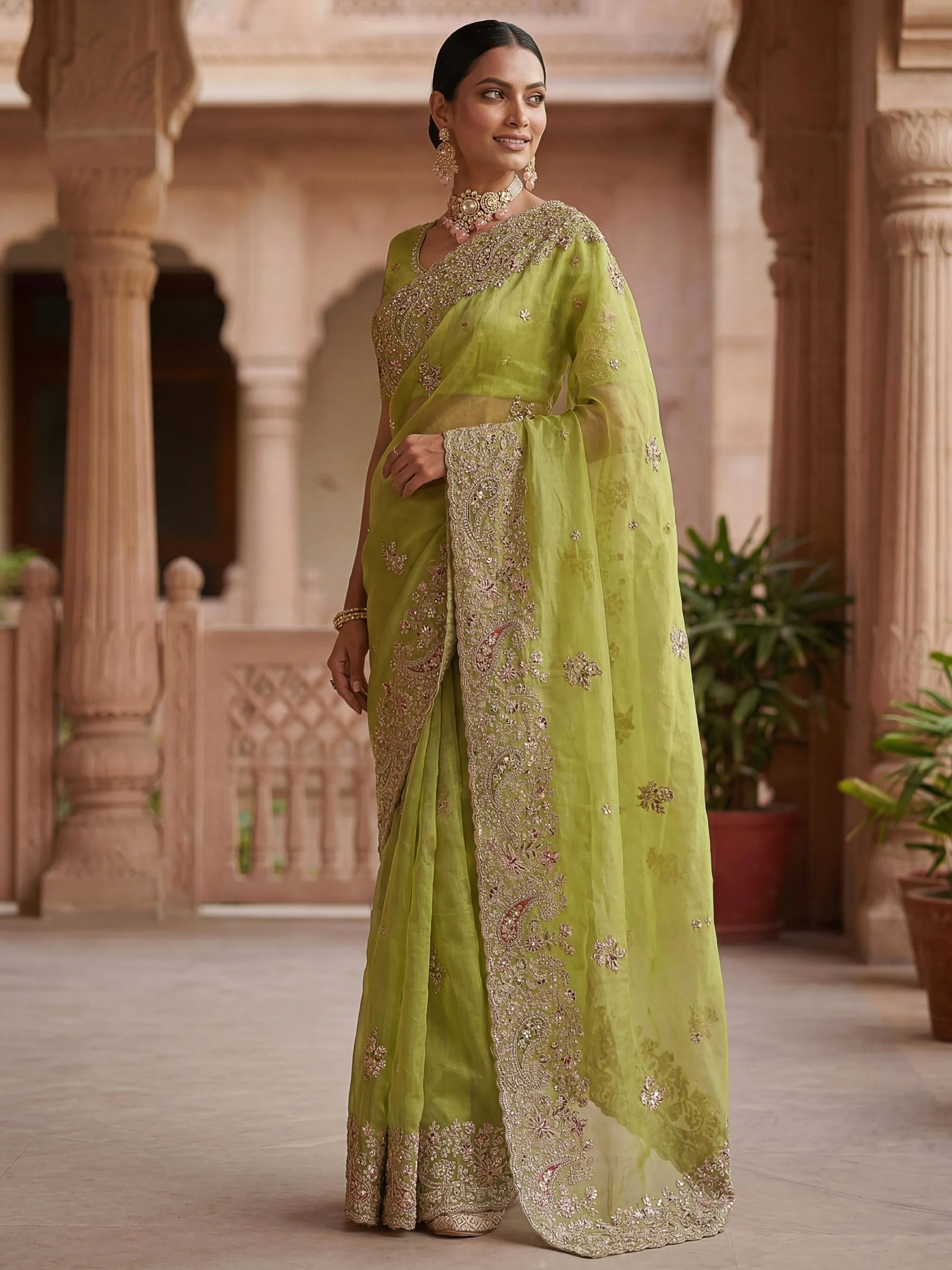 Marvelous Green Sequins Silk Wedding Wear Saree With Blouse