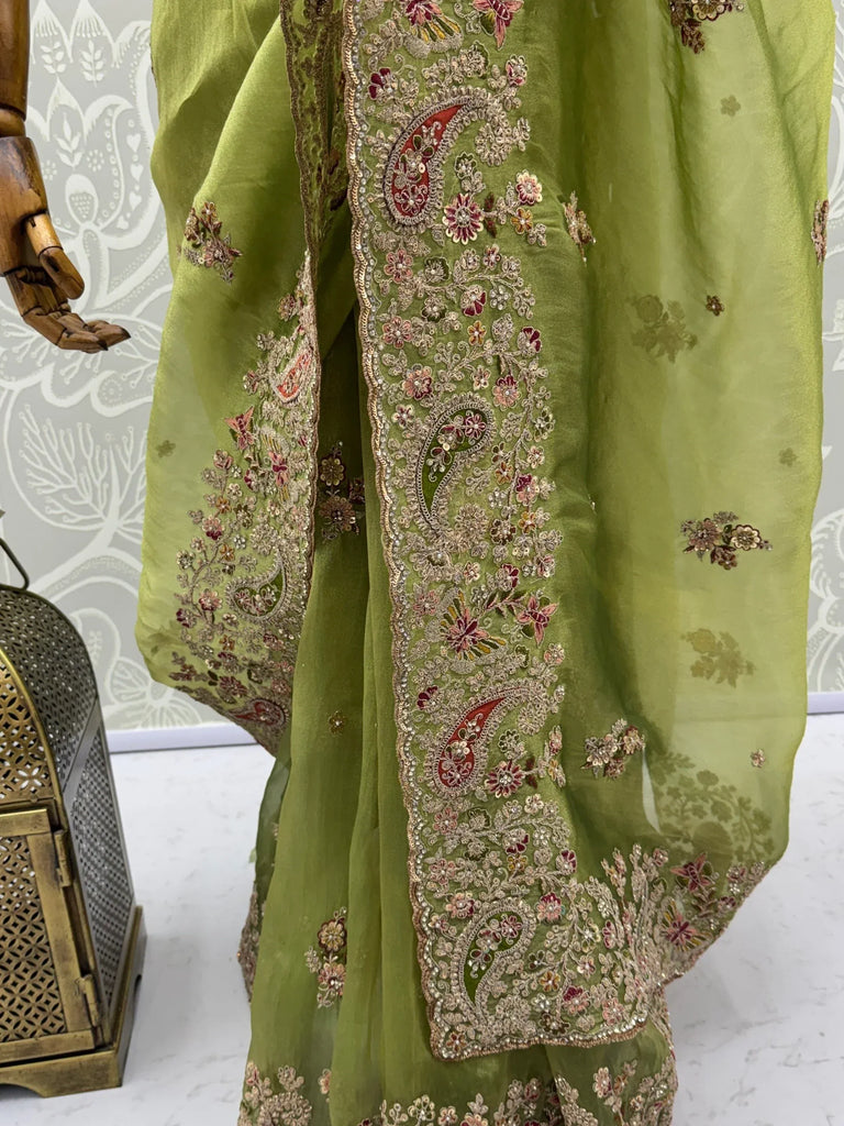 Marvelous Green Sequins Silk Wedding Wear Saree With Blouse