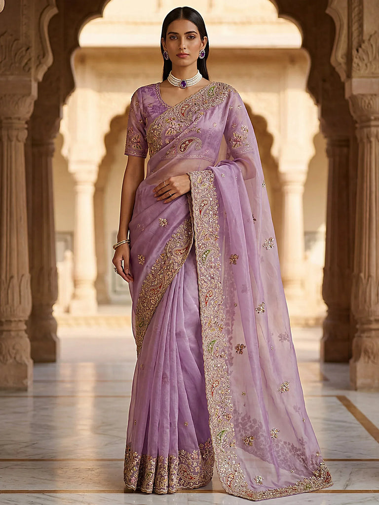 Precious Lavender Multi Thread Work Silk Bridesmaid Saree With Blouse