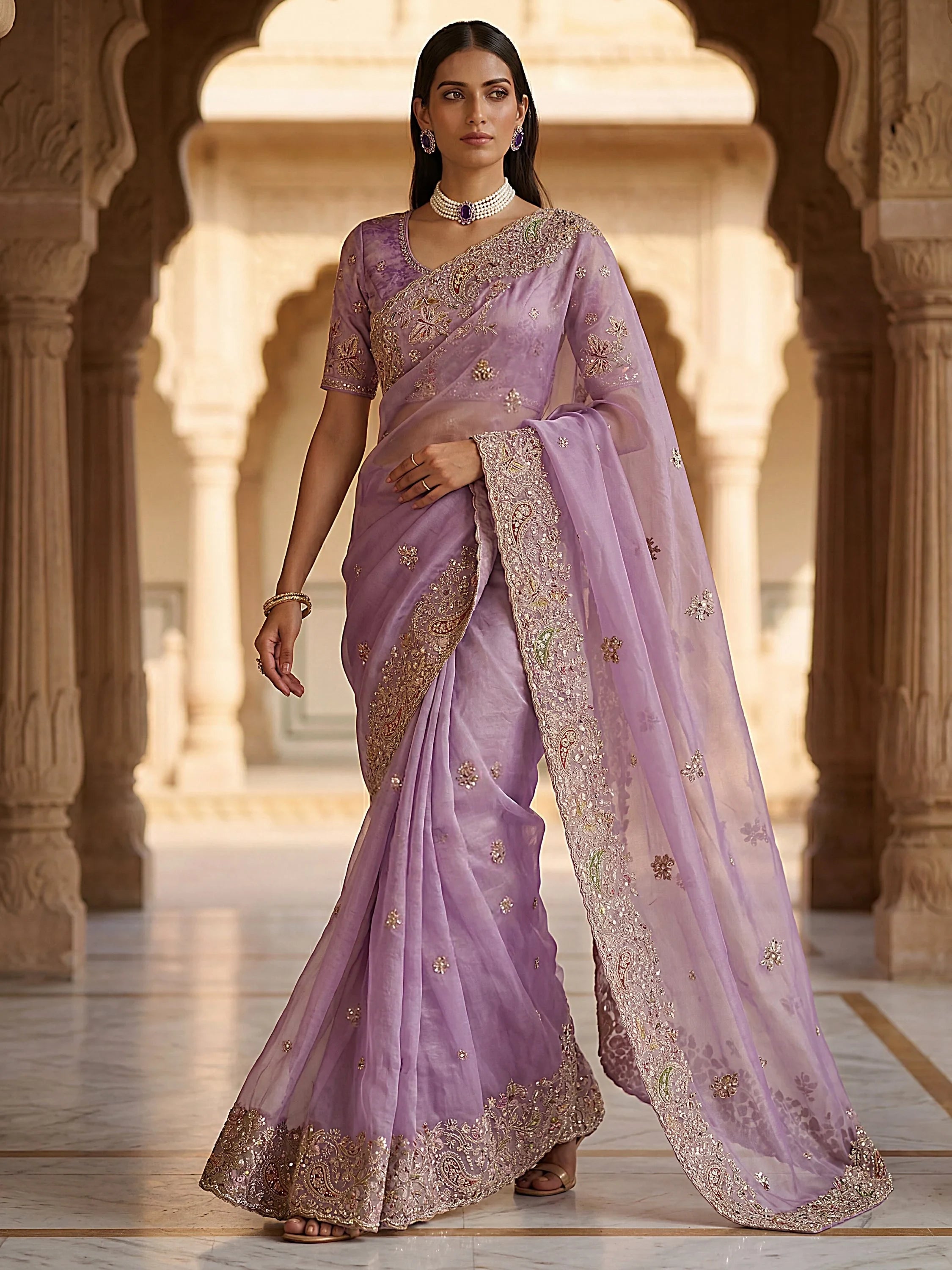 Precious Lavender Multi Thread Work Silk Bridesmaid Saree With Blouse