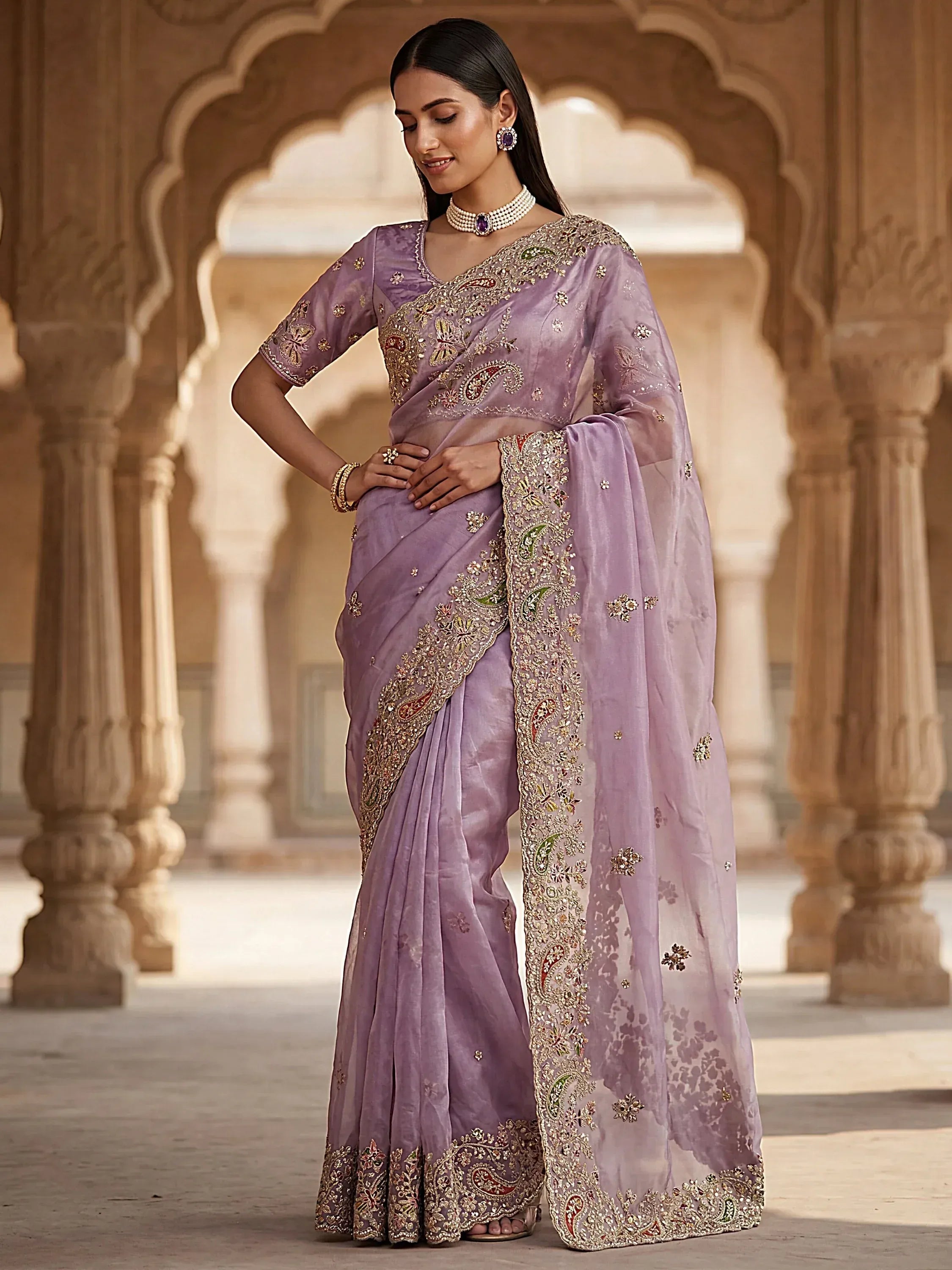 Precious Lavender Multi Thread Work Silk Bridesmaid Saree With Blouse