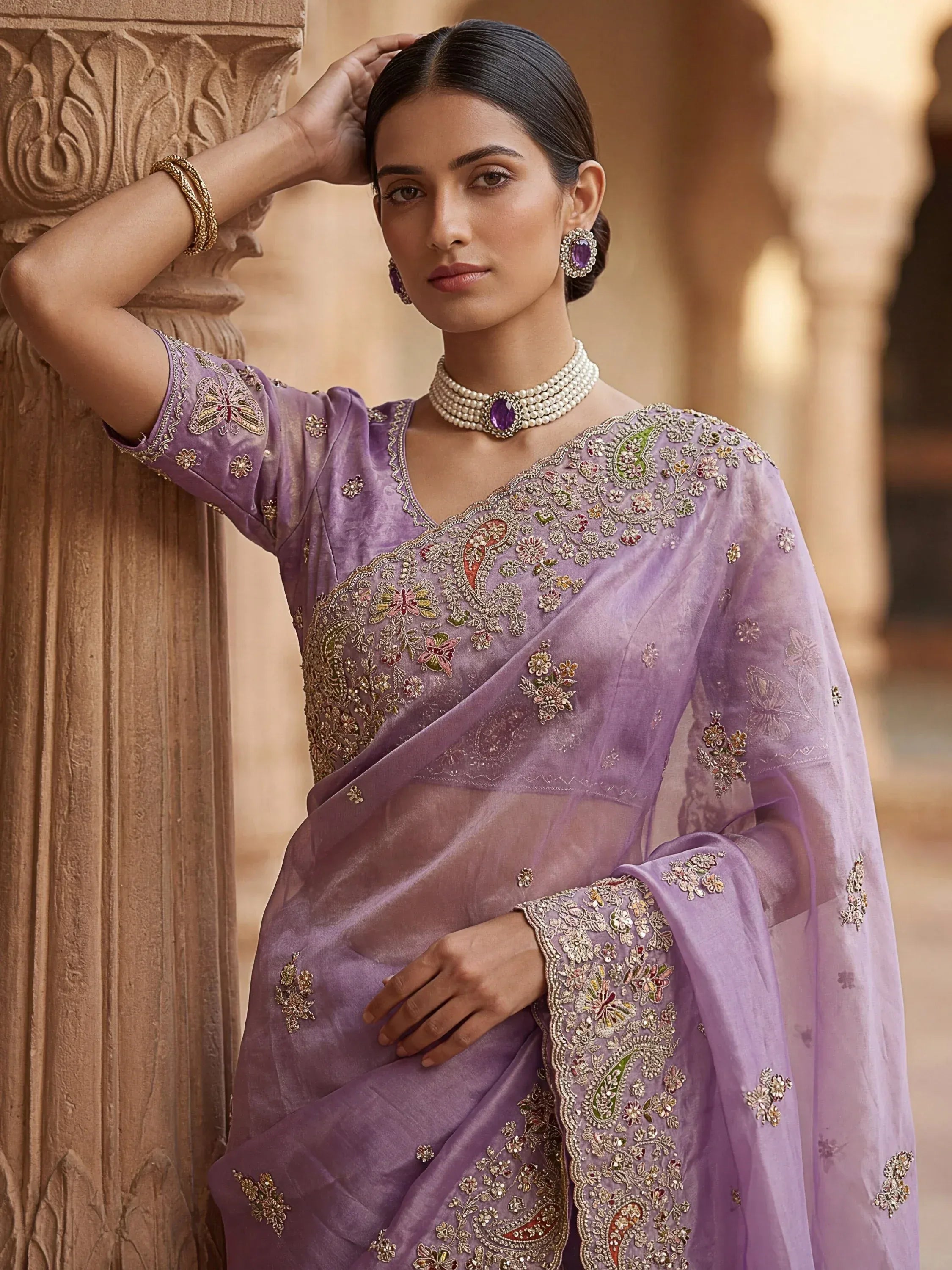 Precious Lavender Multi Thread Work Silk Bridesmaid Saree With Blouse
