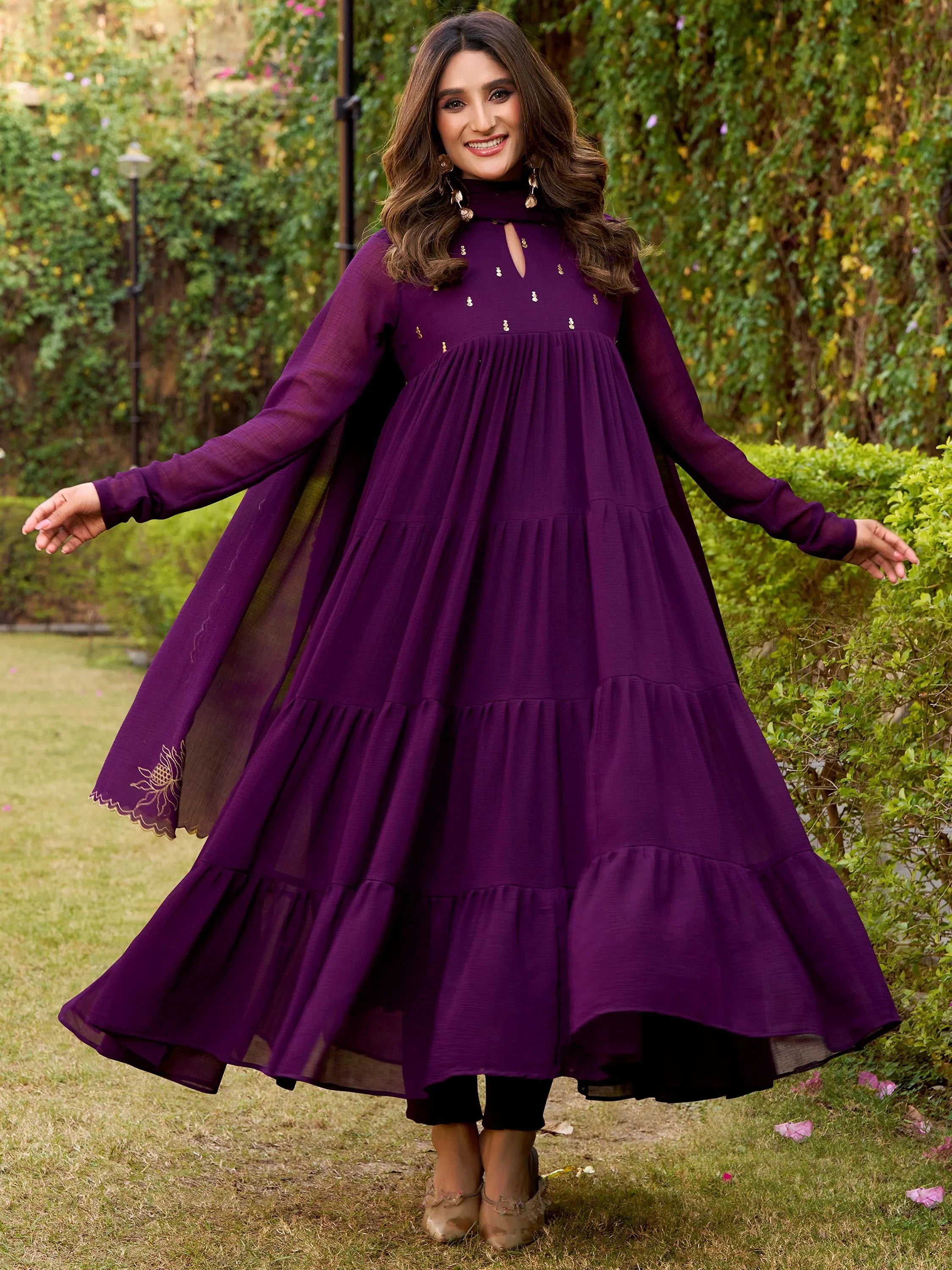 Beautiful Deep Purple Foil Work Chiffon Festival Wear Salwar Kameez