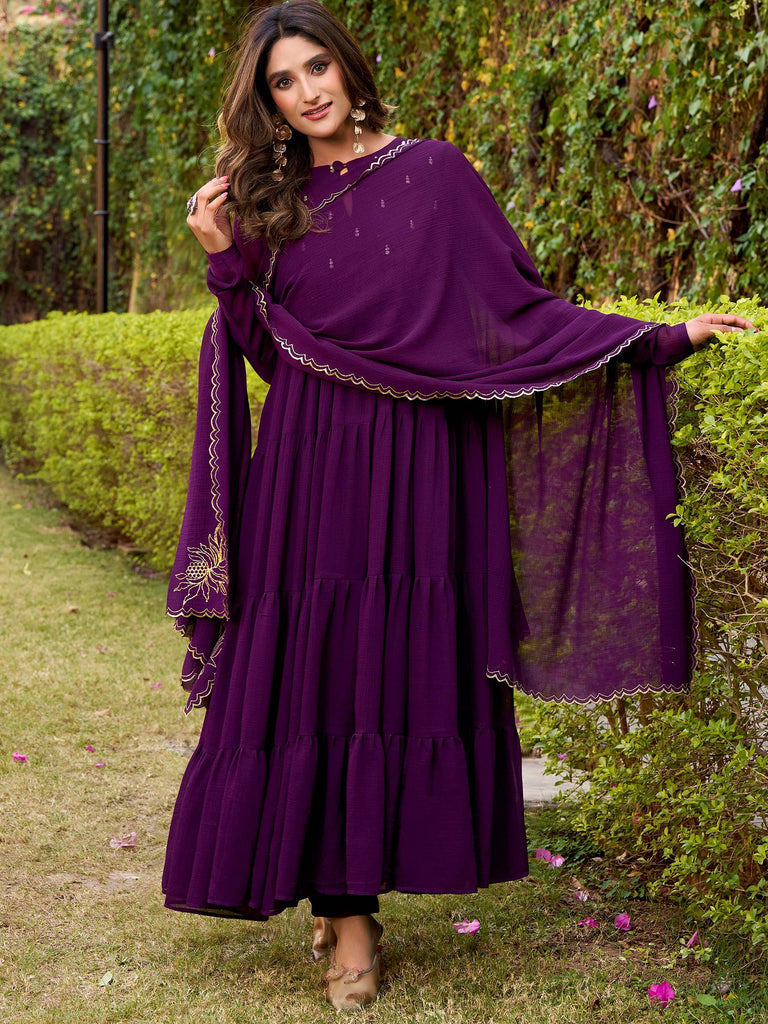 Beautiful Deep Purple Foil Work Chiffon Festival Wear Salwar Kameez