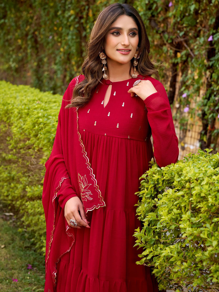 Alluring Red Foil Work Chiffon Function Wear Salwar Kameez