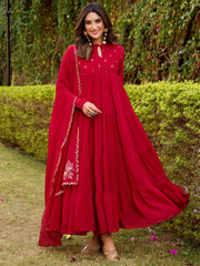 Alluring Red Foil Work Chiffon Function Wear Salwar Kameez