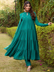 Amazing Teal Green Foil Work Chiffon Wedding Wear Salwar Kameez