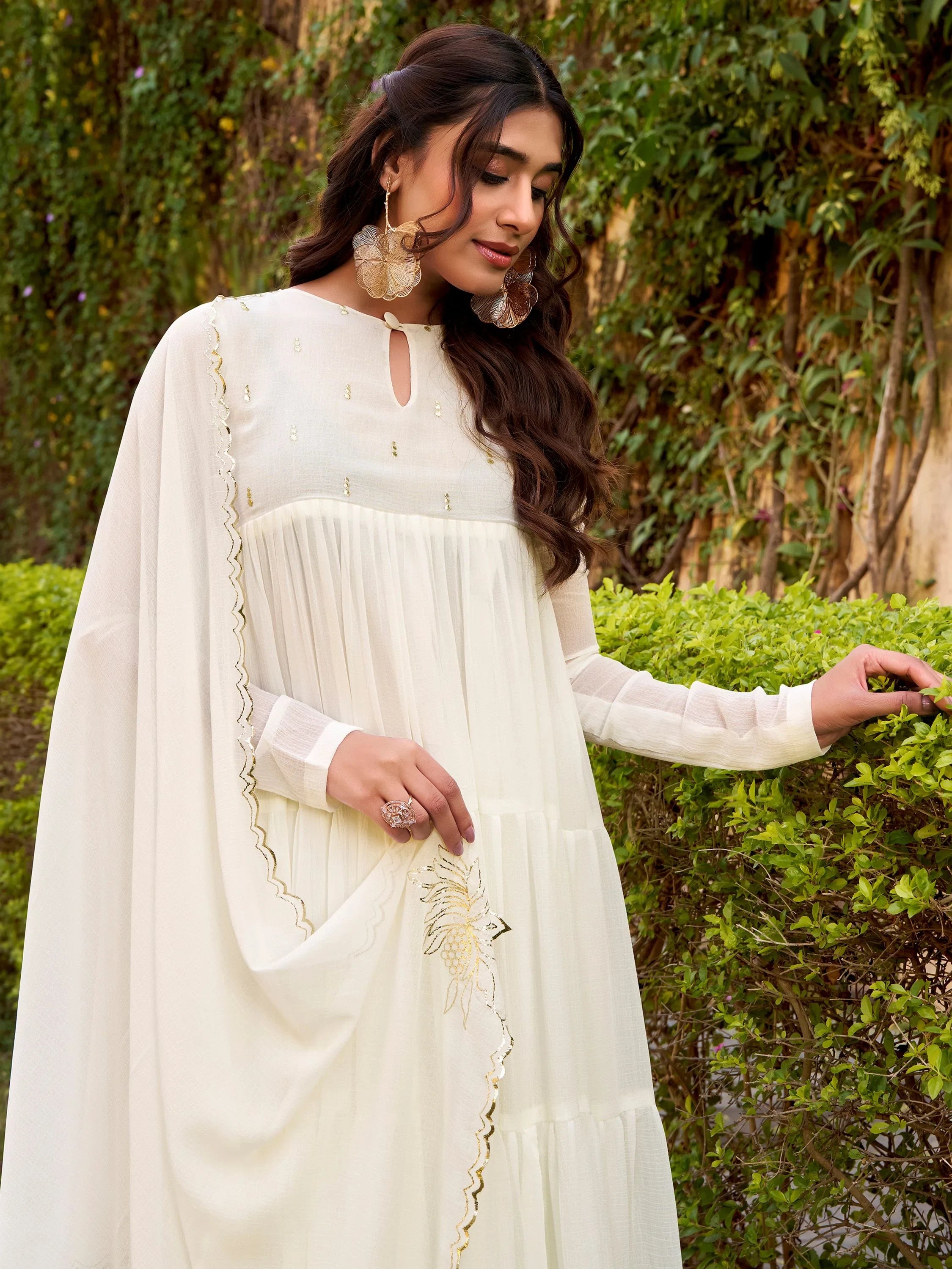 Classic Off White Foil Work Chiffon Festival Wear Salwar Kameez