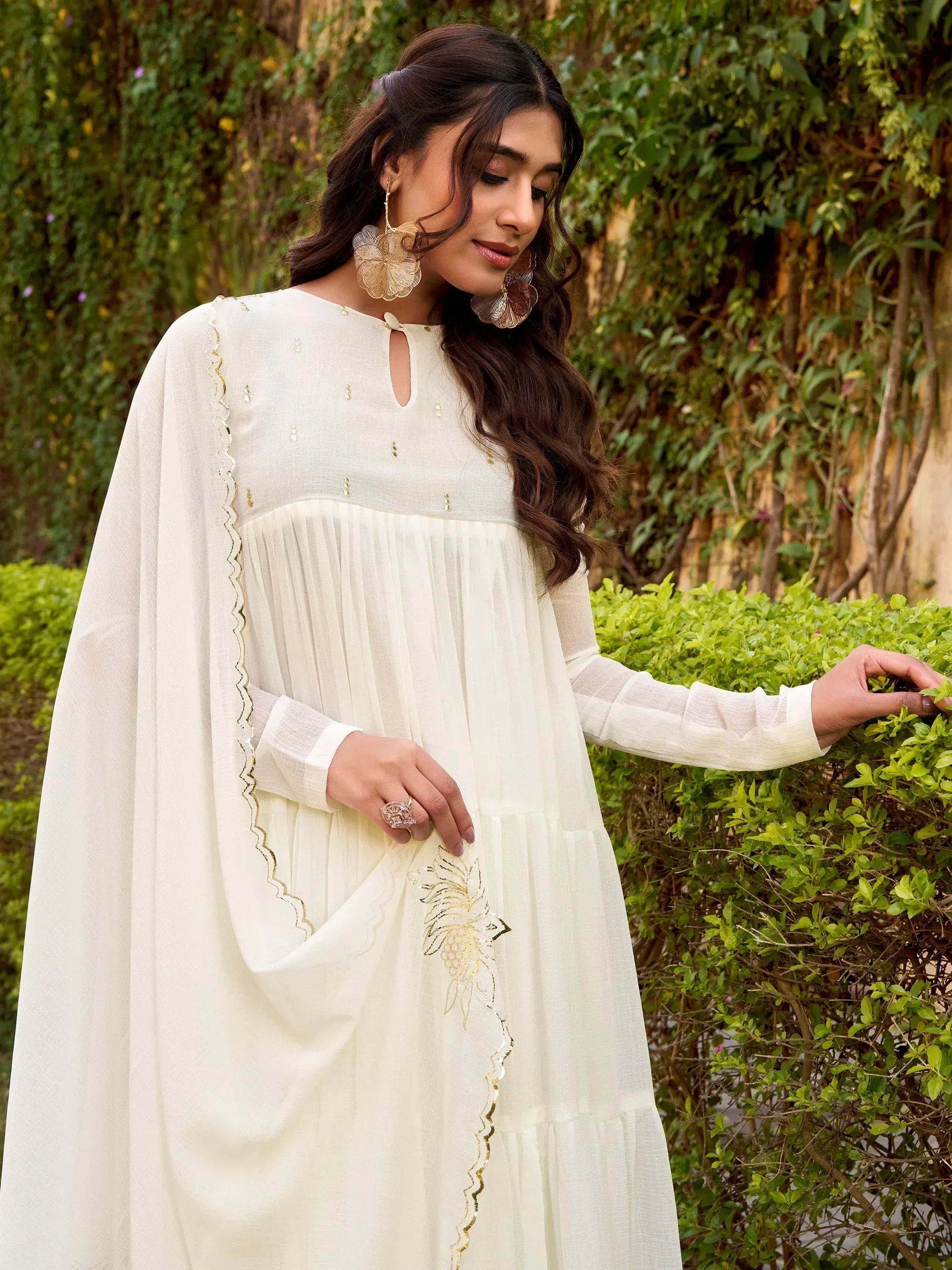 Classic Off White Foil Work Chiffon Festival Wear Anarkali Suit