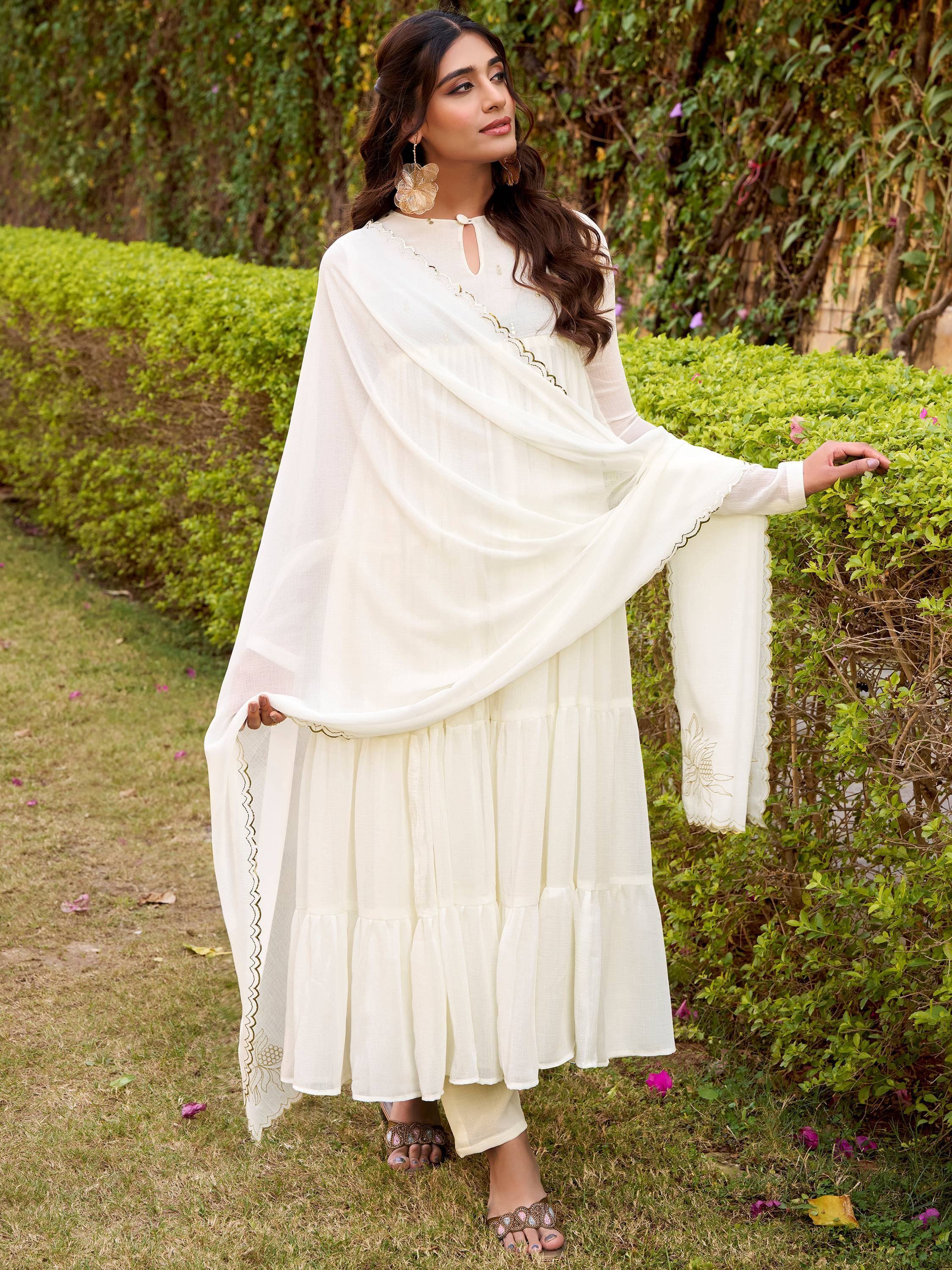 Classic Off White Foil Work Chiffon Festival Wear Anarkali Suit