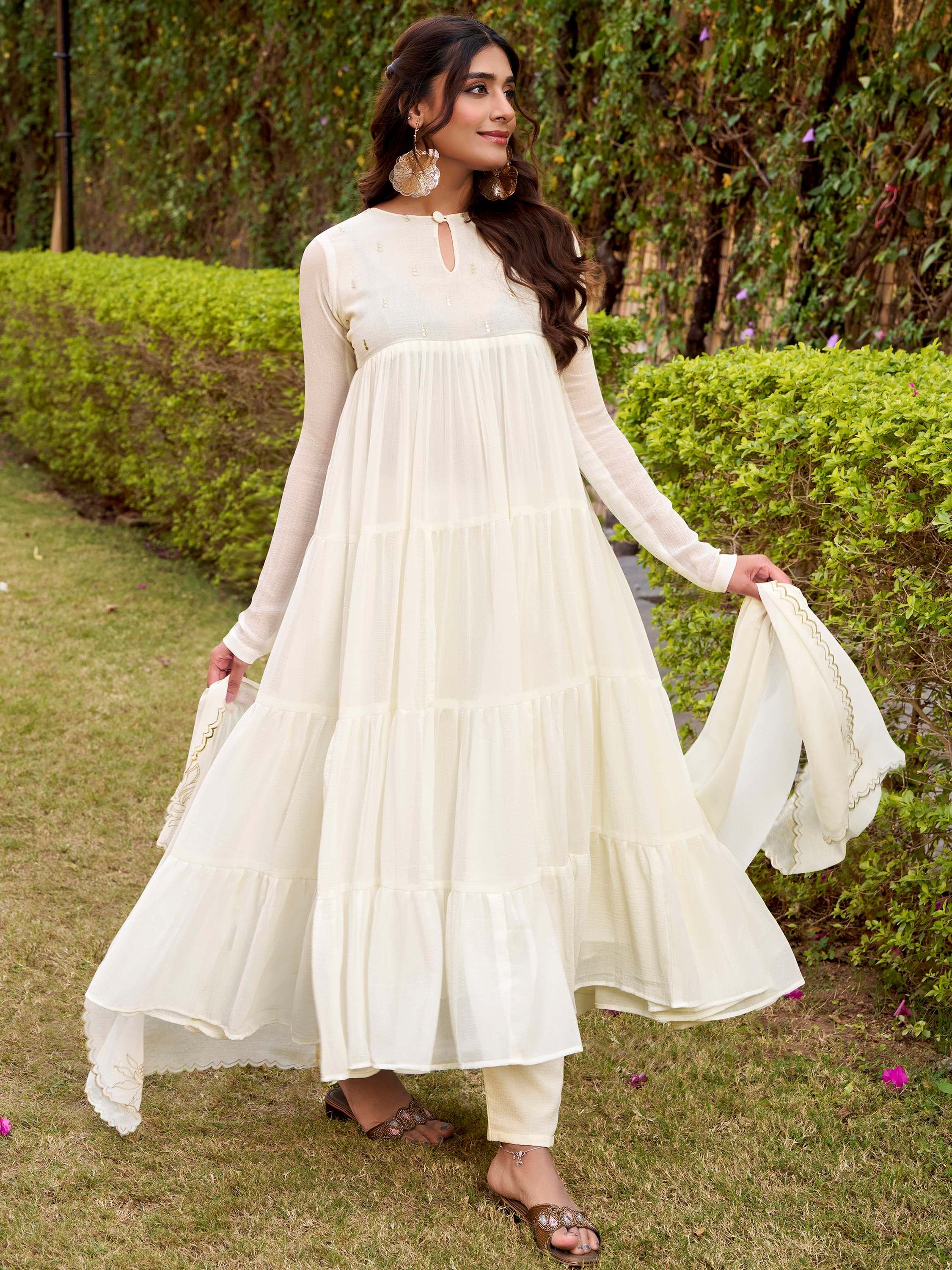 Classic Off White Foil Work Chiffon Festival Wear Salwar Kameez