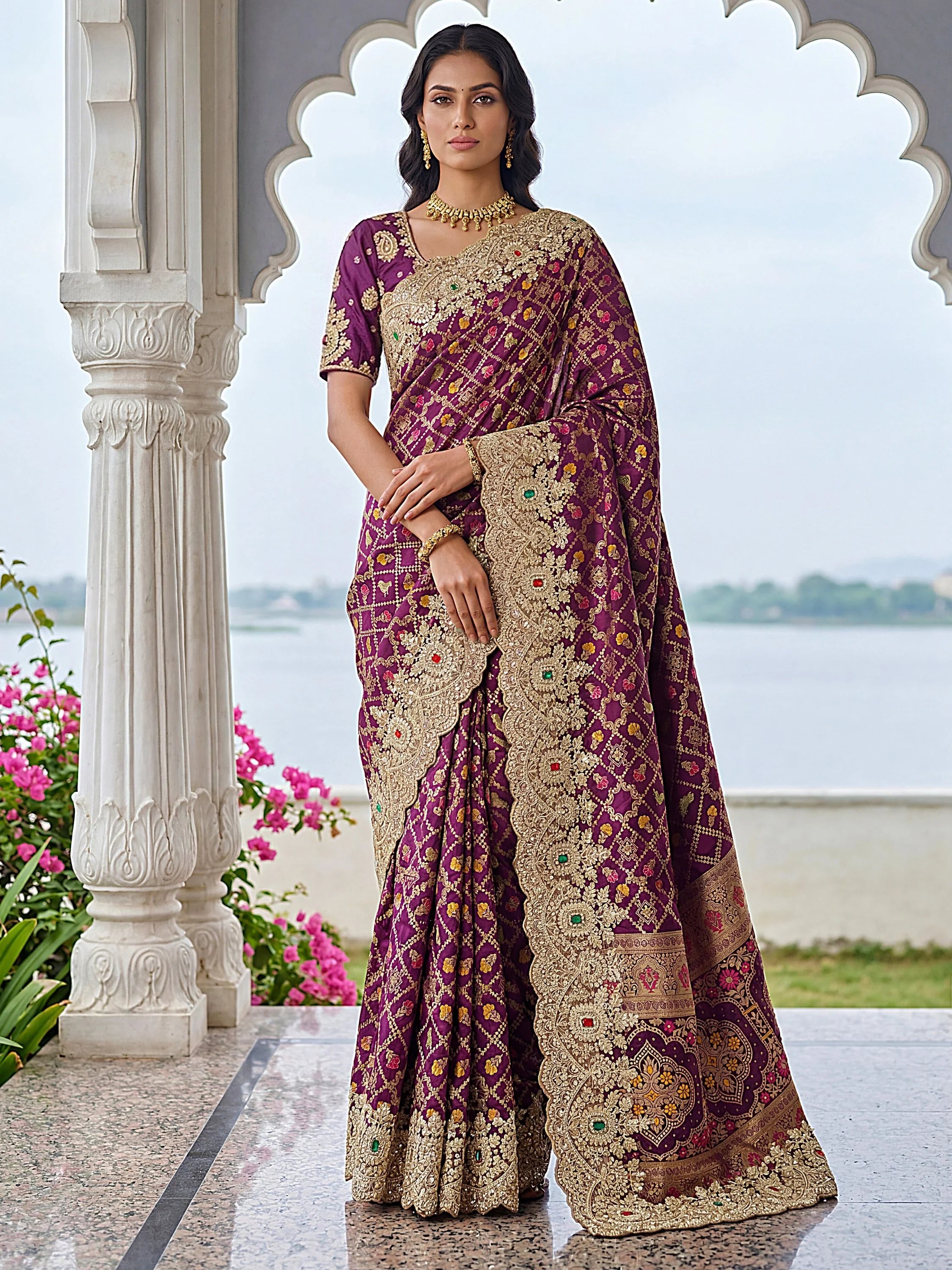 Glorious Purple Heavy Bordered Silk Function Wear Saree With Blouse