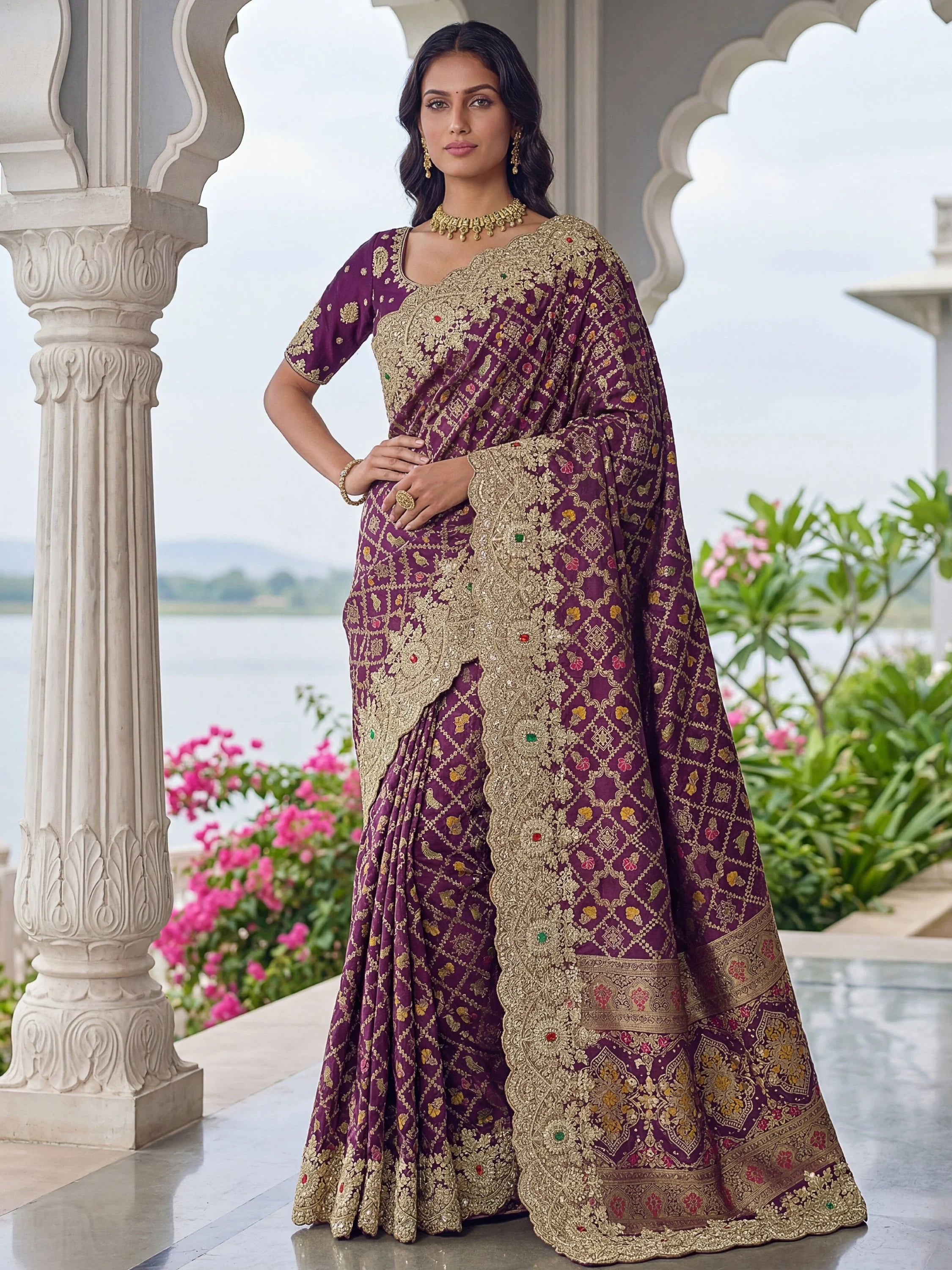 Glorious Purple Heavy Bordered Silk Function Wear Saree With Blouse